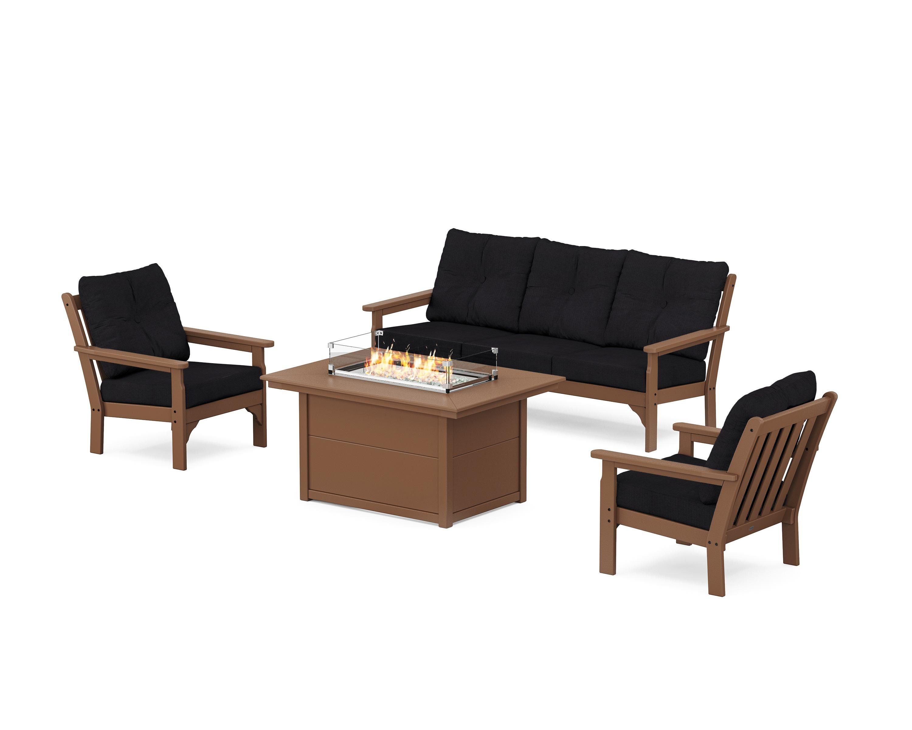 POLYWOOD Vineyard Deep Seating Fire Pit Table Set in Teak / Midnight Linen