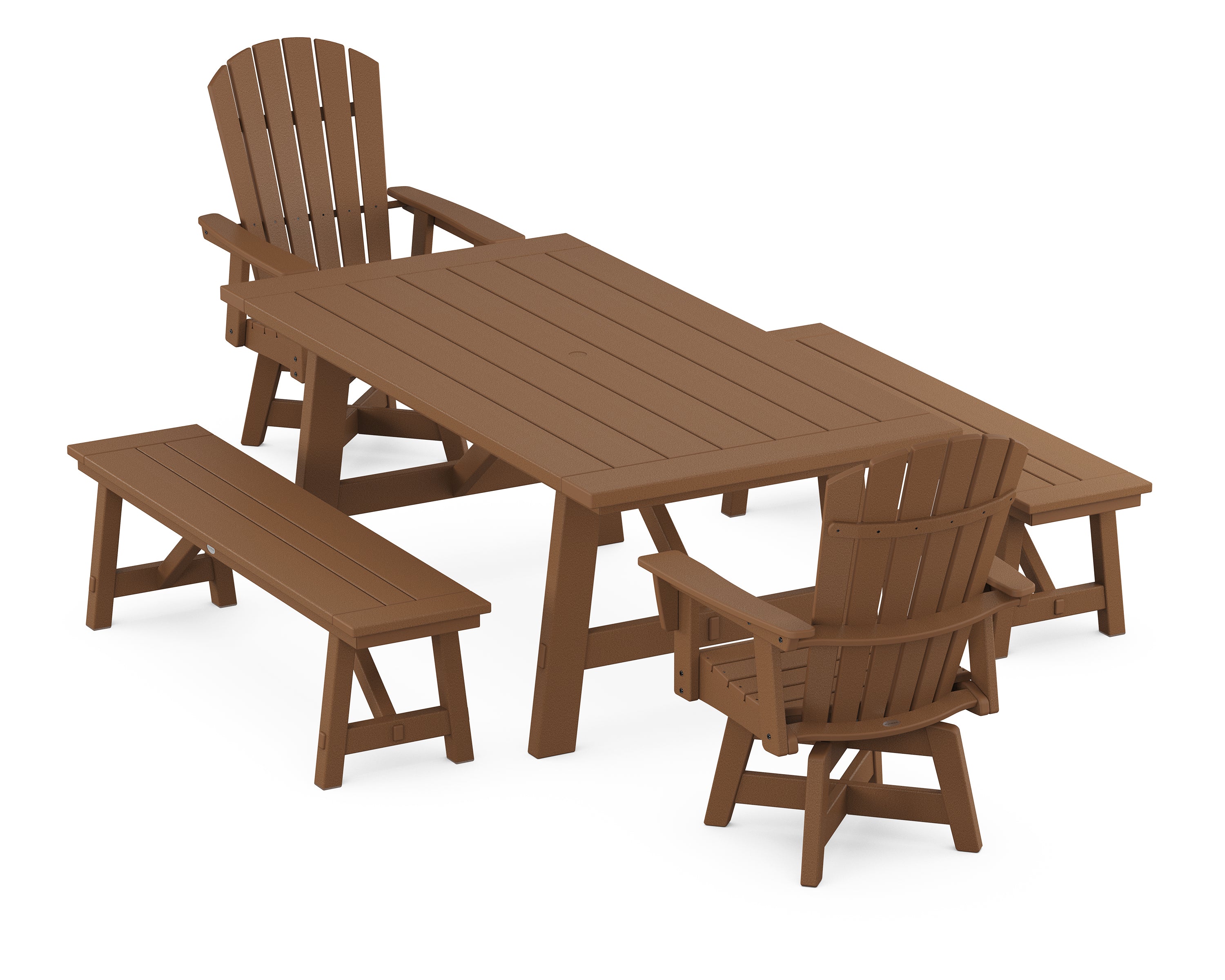 POLYWOOD® Nautical Curveback Adirondack Swivel Chair 5-Piece Rustic Farmhouse Dining Set With Benches in Teak