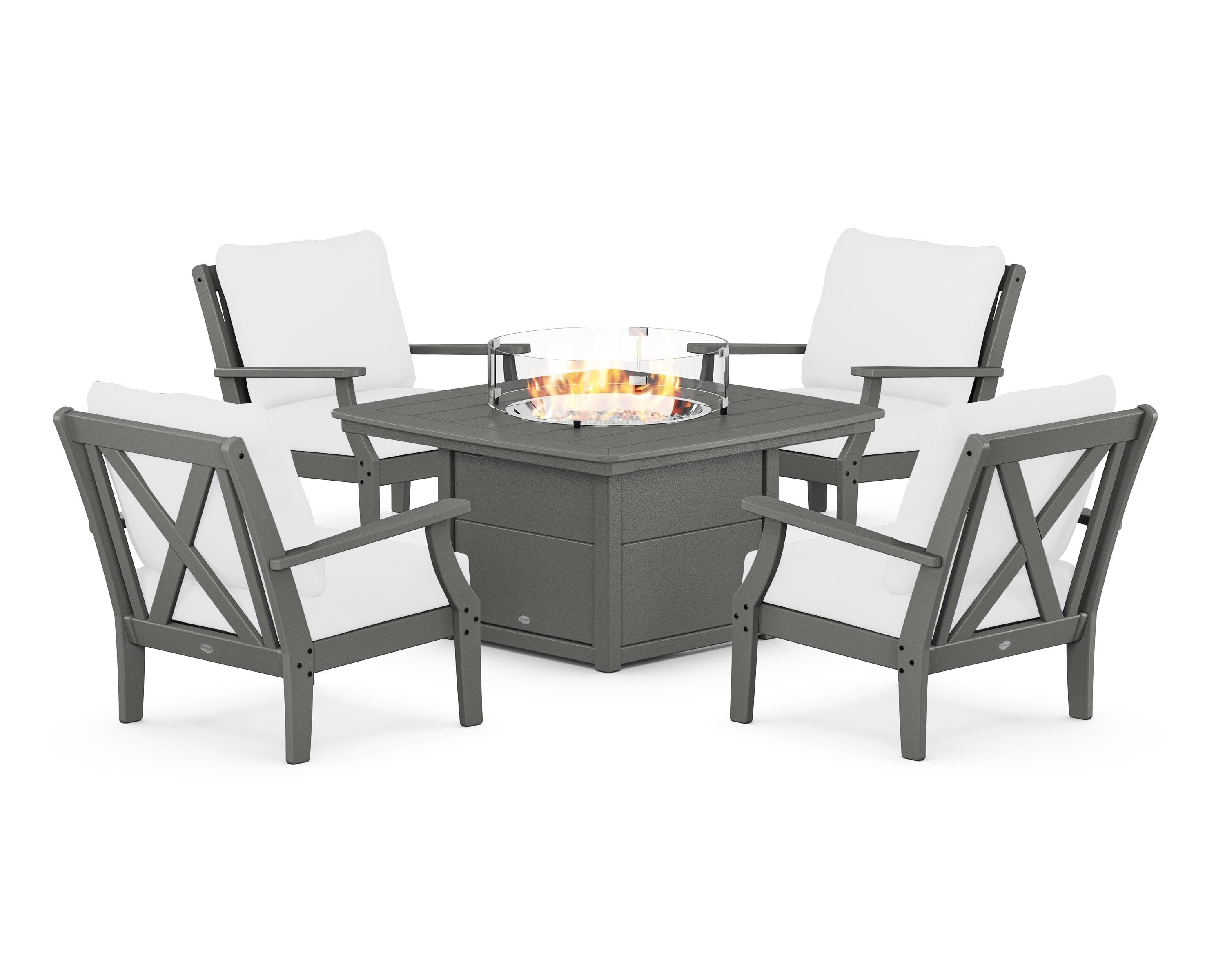POLYWOOD Braxton 5-Piece Deep Seating Conversation Set with Fire Pit Table in Slate Grey / Natural