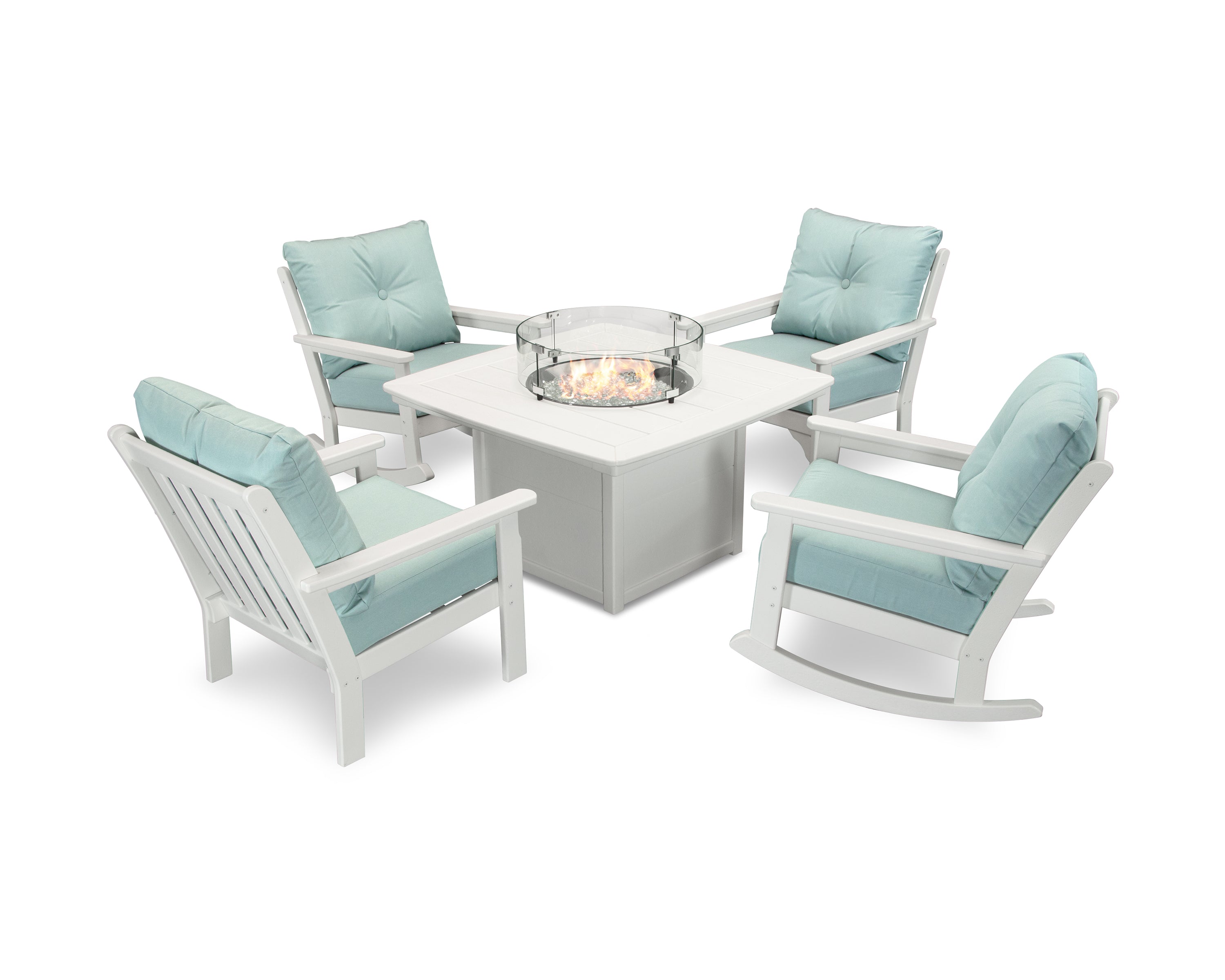 POLYWOOD Vineyard 5-Piece Deep Seating Rocking Chair Conversation Set with Fire Pit Table in White / Spa