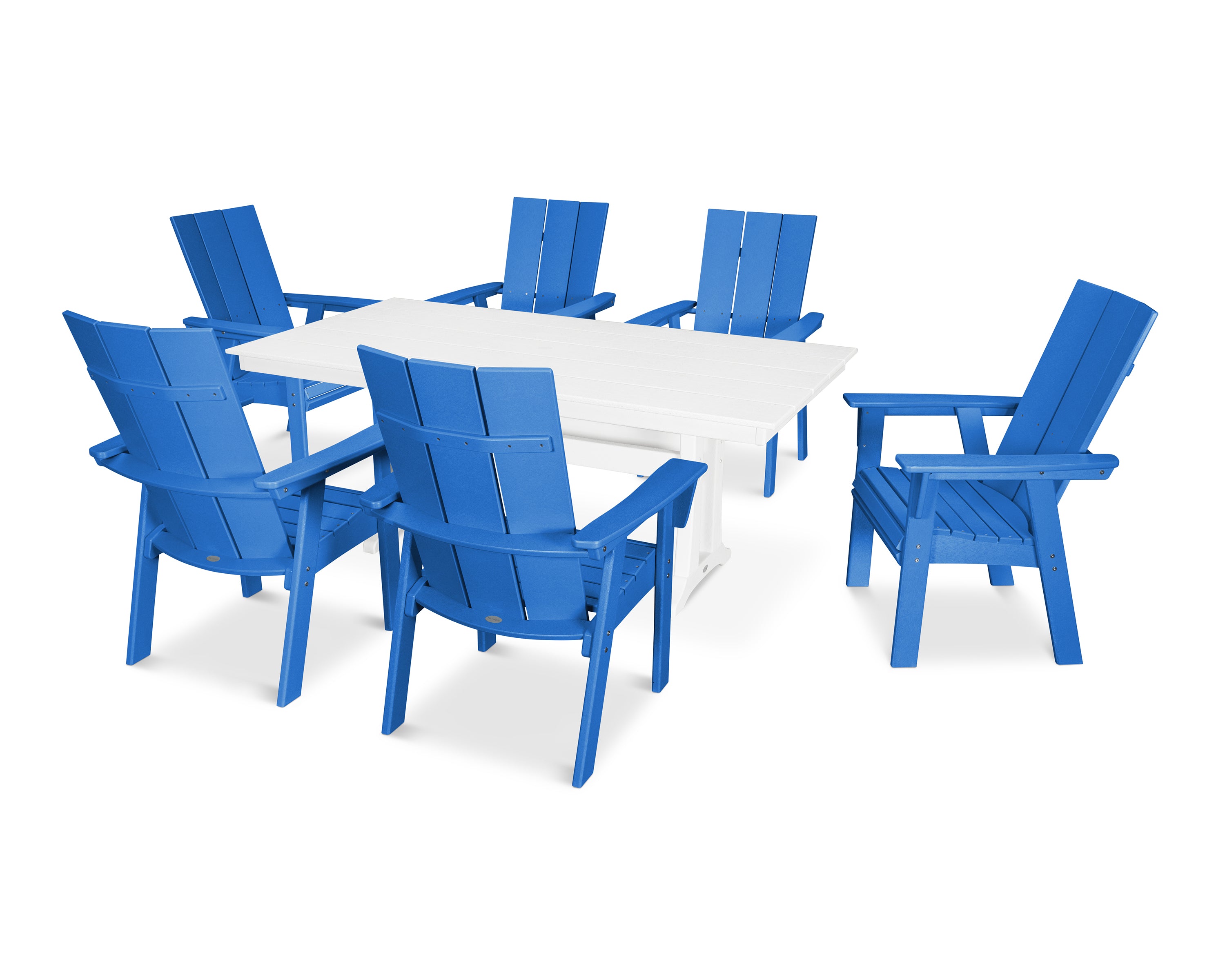 POLYWOOD® Modern Curveback Adirondack 7-Piece Farmhouse Dining Set with Trestle Legs in Pacific Blue / White