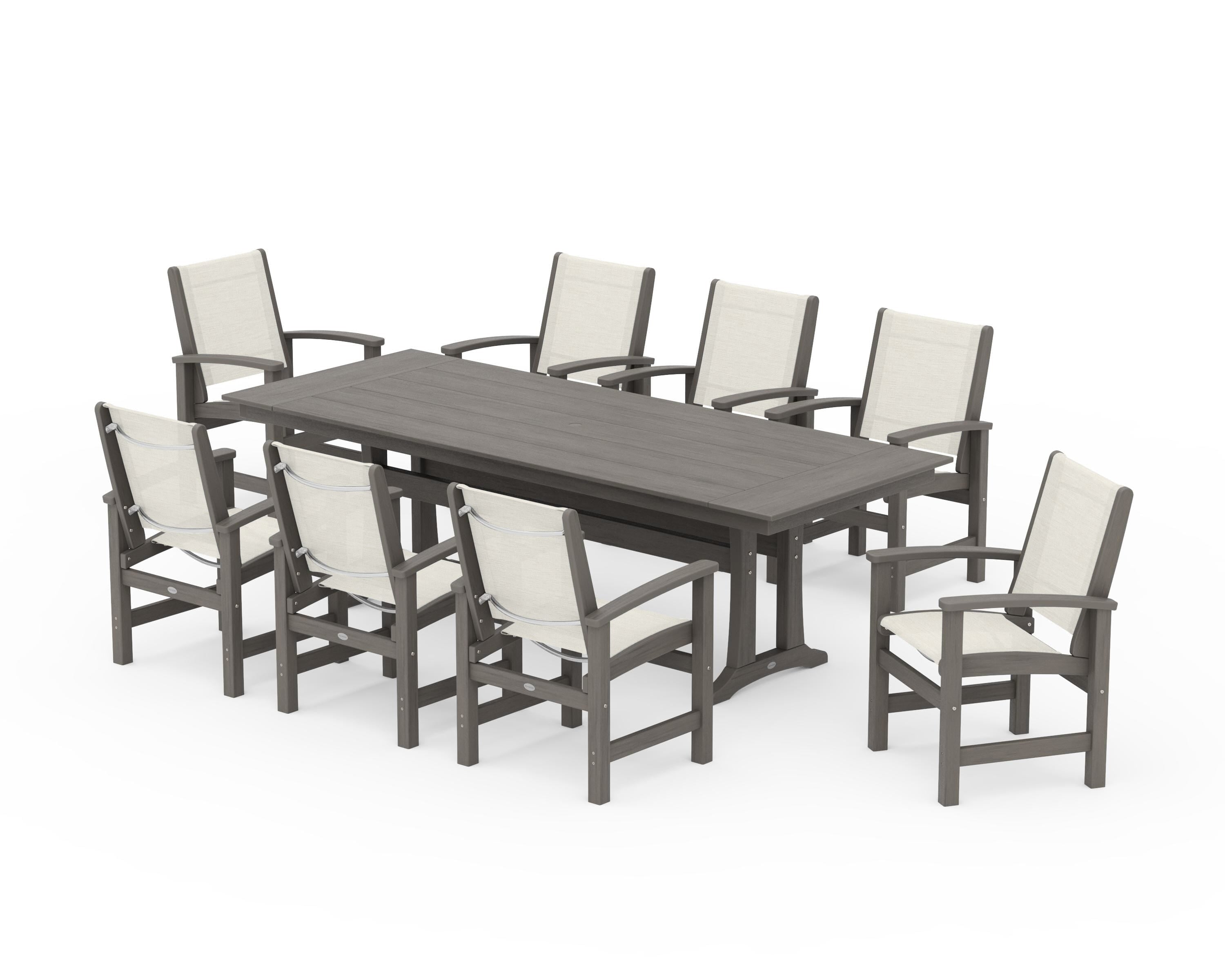 POLYWOOD Coastal 9-Piece Farmhouse Dining Set with Trestle Legs in Driftwood / Parchment Sling