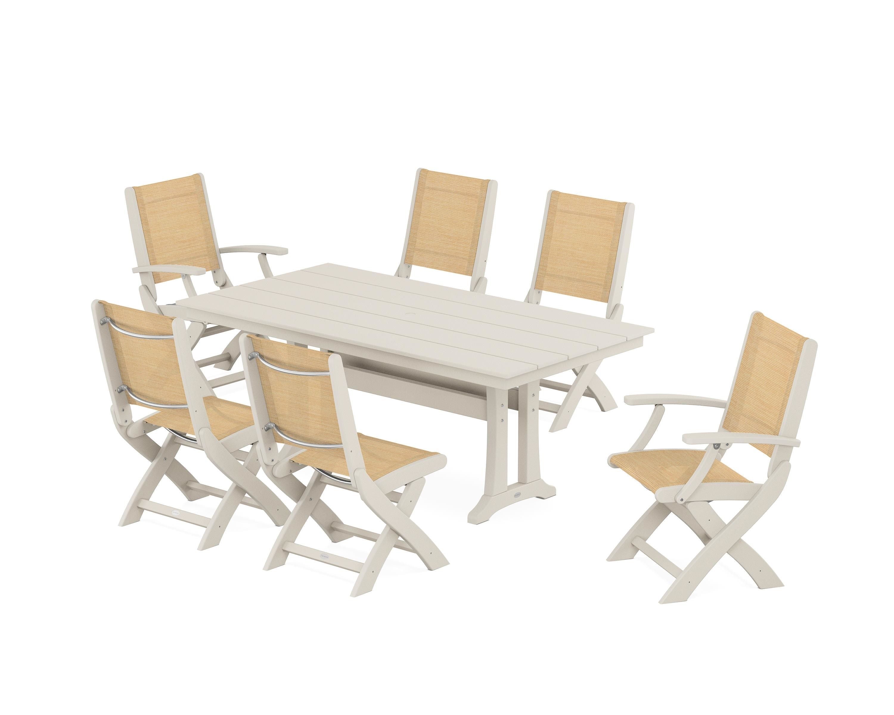 POLYWOOD Coastal Folding Chair 7-Piece Farmhouse Dining Set with Trestle Legs in Sand / Dupioni Apricot Sling