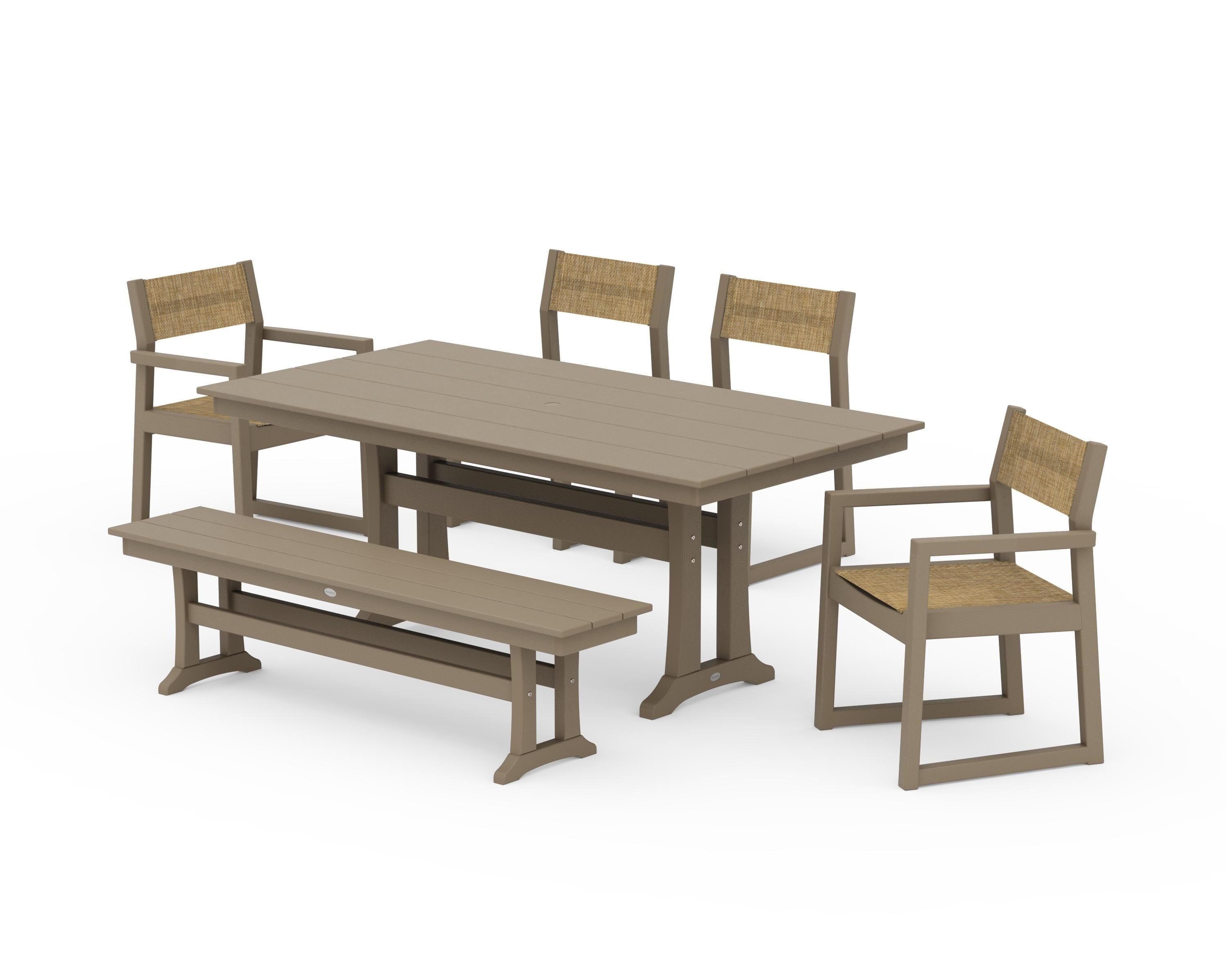 POLYWOOD EDGE Sling 6-Piece Farmhouse Dining Set With Trestle Legs in Vintage Sahara / Burlap Sling
