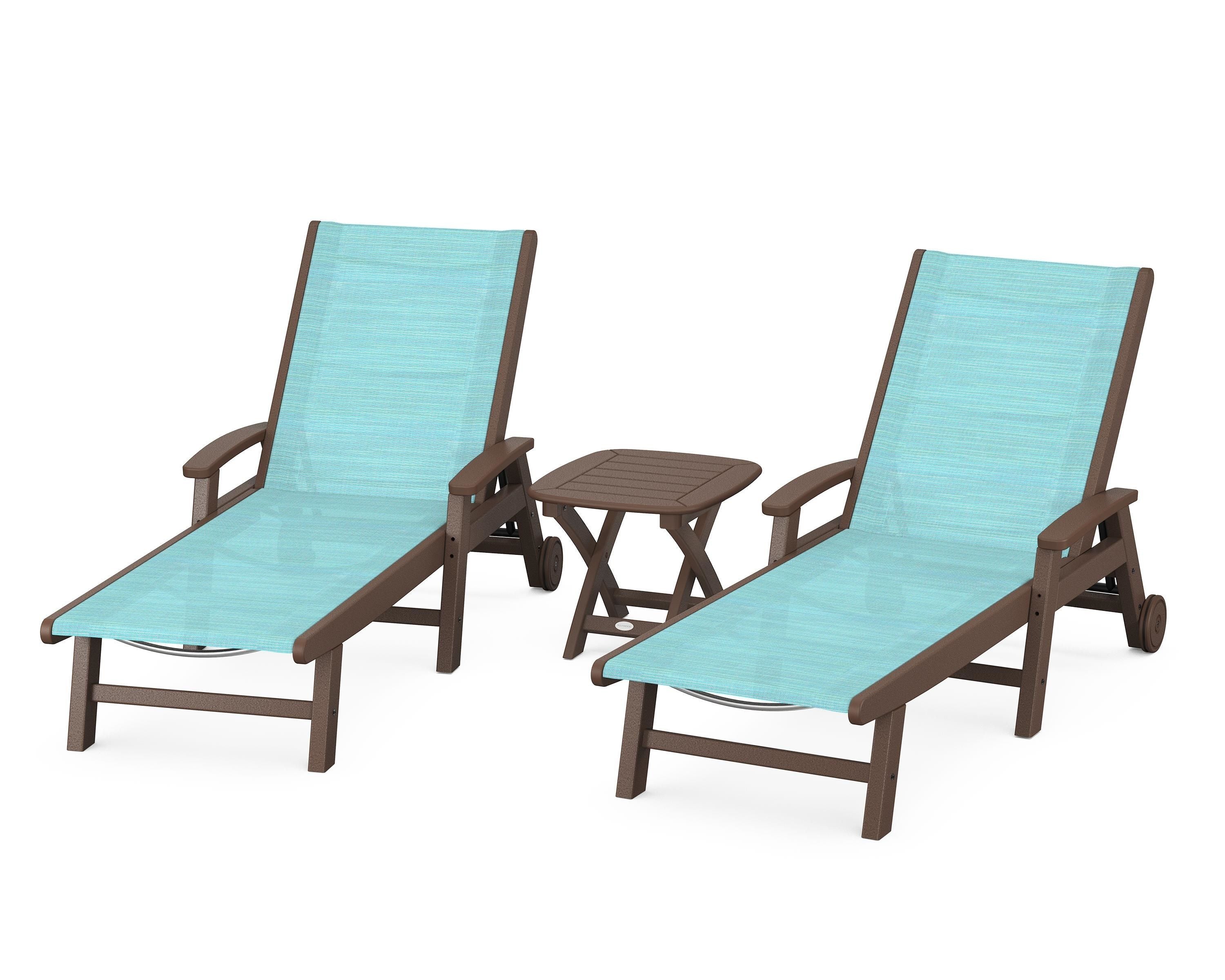 POLYWOOD Coastal 3-Piece Wheeled Chaise Set in Mahogany / Dupioni Aquamarine Sling