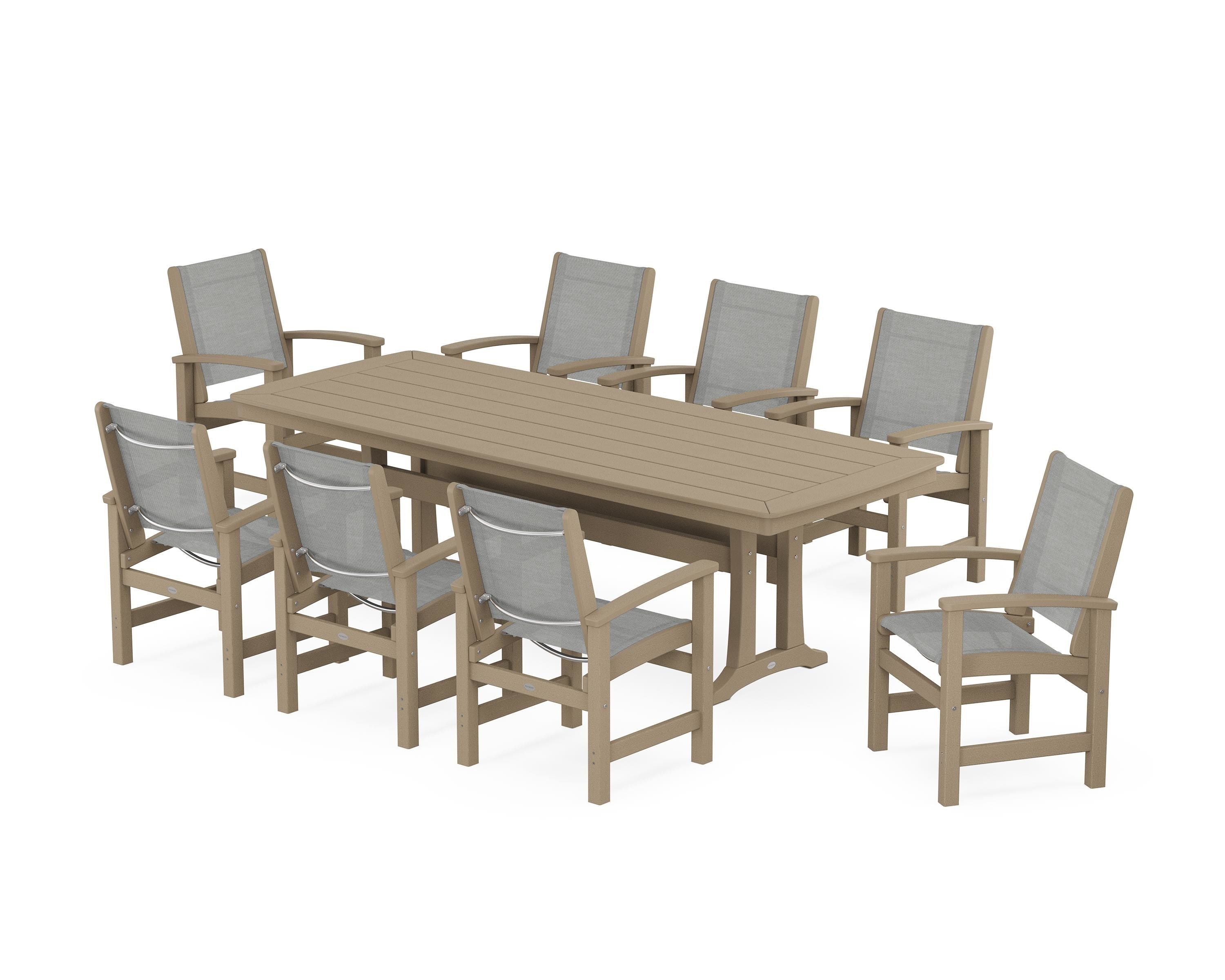 POLYWOOD Coastal 9-Piece Dining Set with Trestle Legs in Vintage Sahara / Metallic Sling