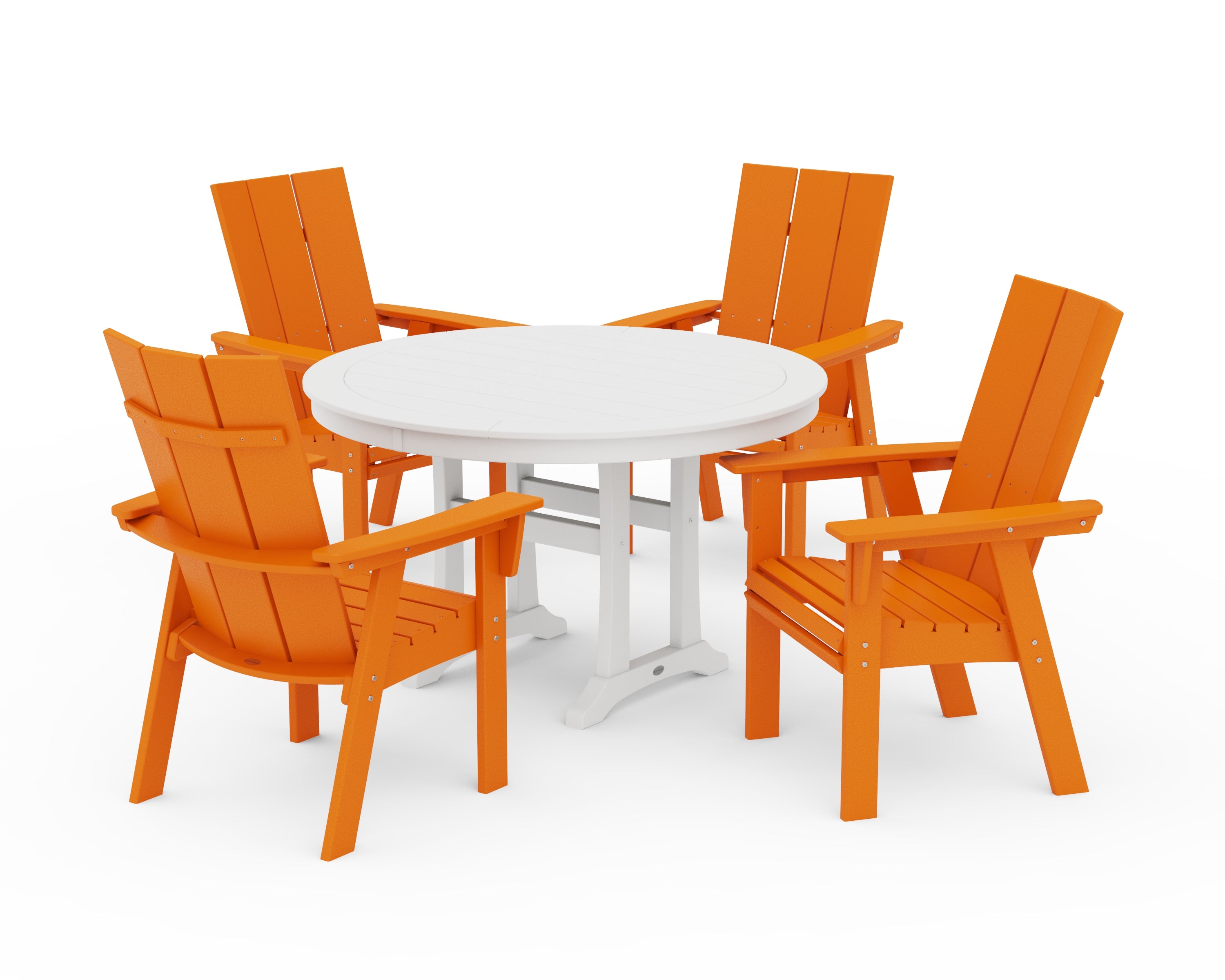 POLYWOOD Modern Curveback Adirondack 5-Piece Nautical Trestle Dining Set in Tangerine / White