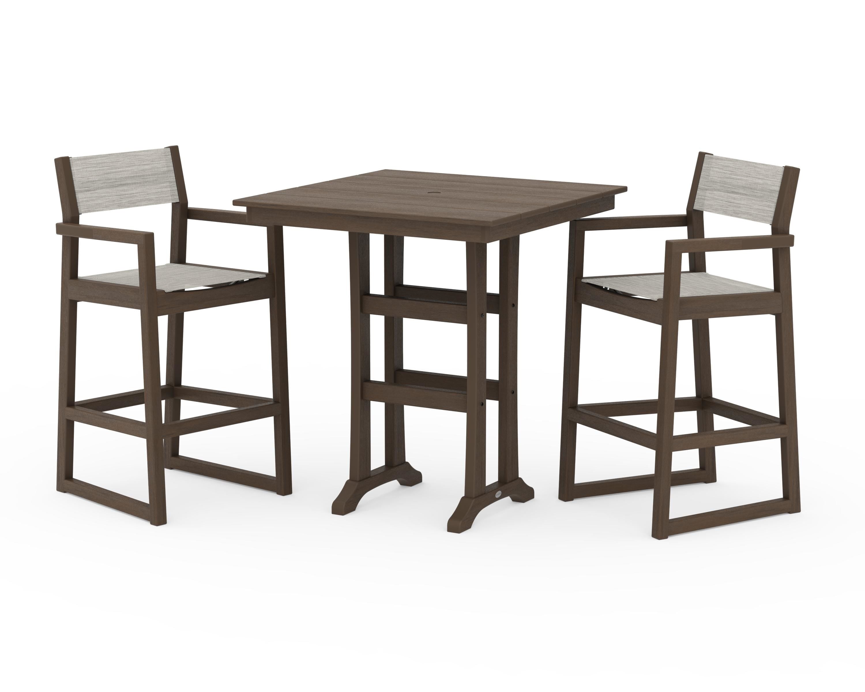 POLYWOOD EDGE Sling Arm Chair 3-Piece Farmhouse Bar Set with Trestle Legs in Kona / Birch Sling