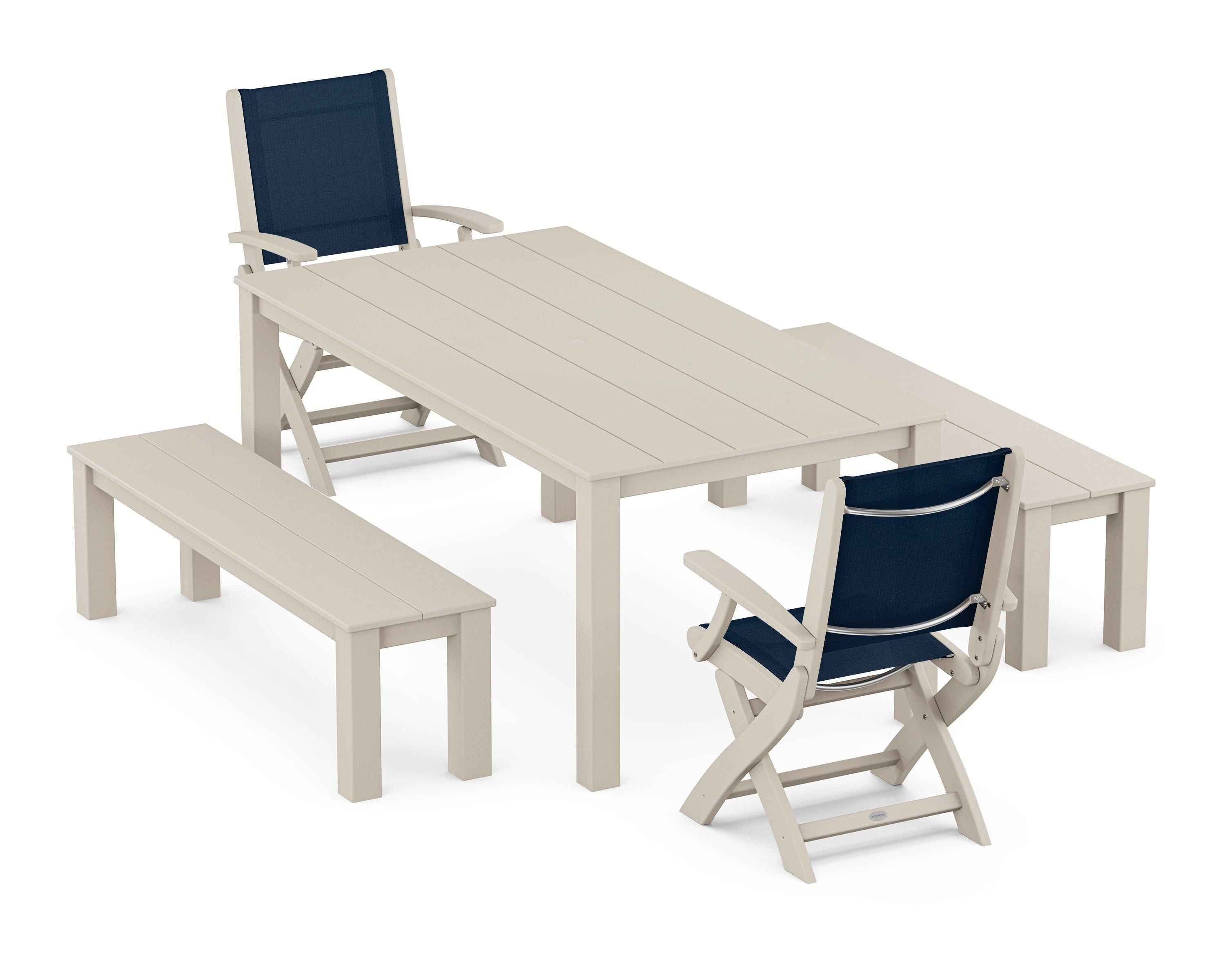 POLYWOOD Coastal Folding Chair 5-Piece Parsons Dining Set with Benches in Sand / Navy Blue Sling