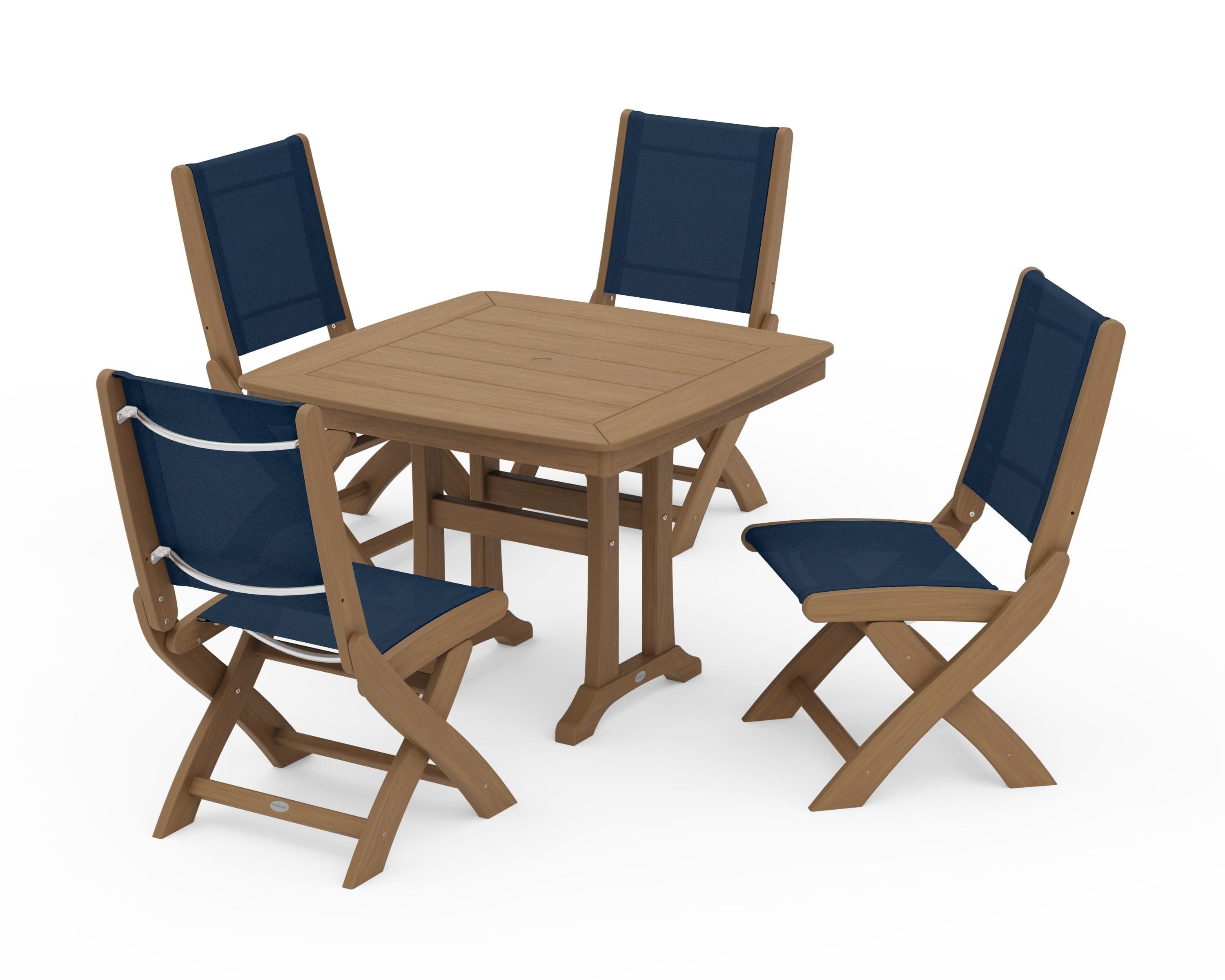 POLYWOOD Coastal Folding Side Chair 5-Piece Dining Set with Trestle Legs in Natural / Navy Blue Sling