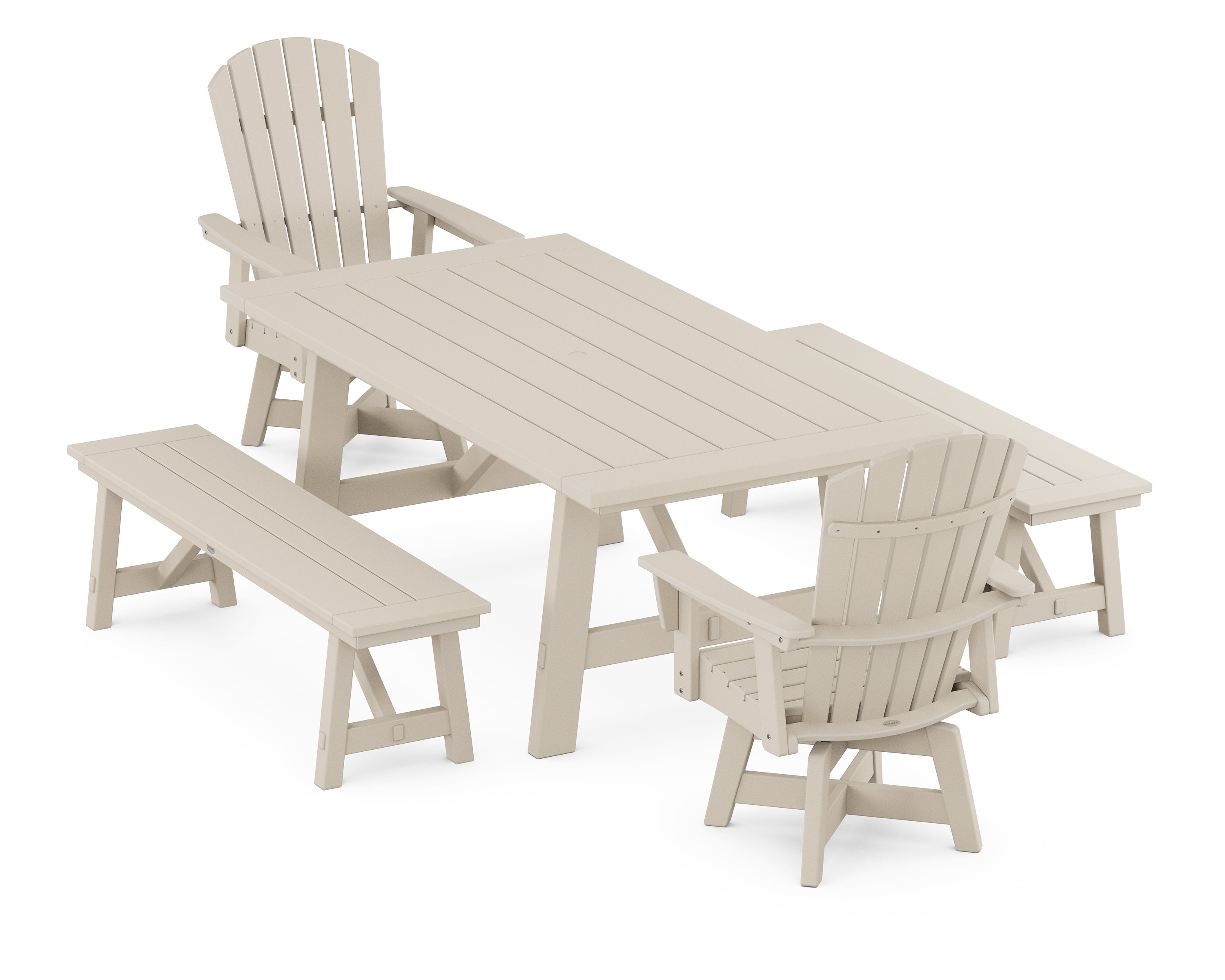 POLYWOOD® Nautical Curveback Adirondack Swivel Chair 5-Piece Rustic Farmhouse Dining Set With Benches in Sand