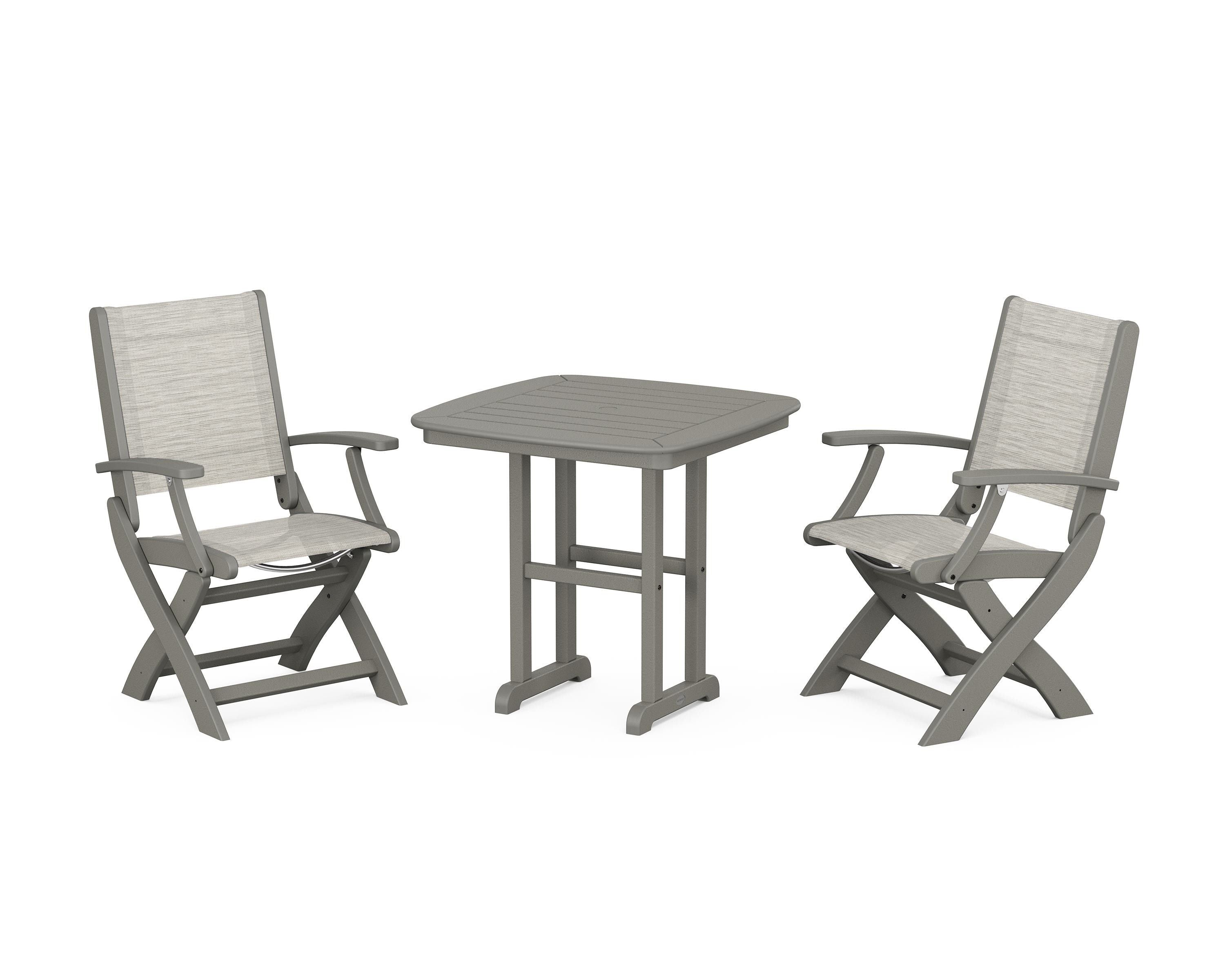 POLYWOOD Coastal Folding Chair 3-Piece Dining Set in Slate Grey / Birch Sling