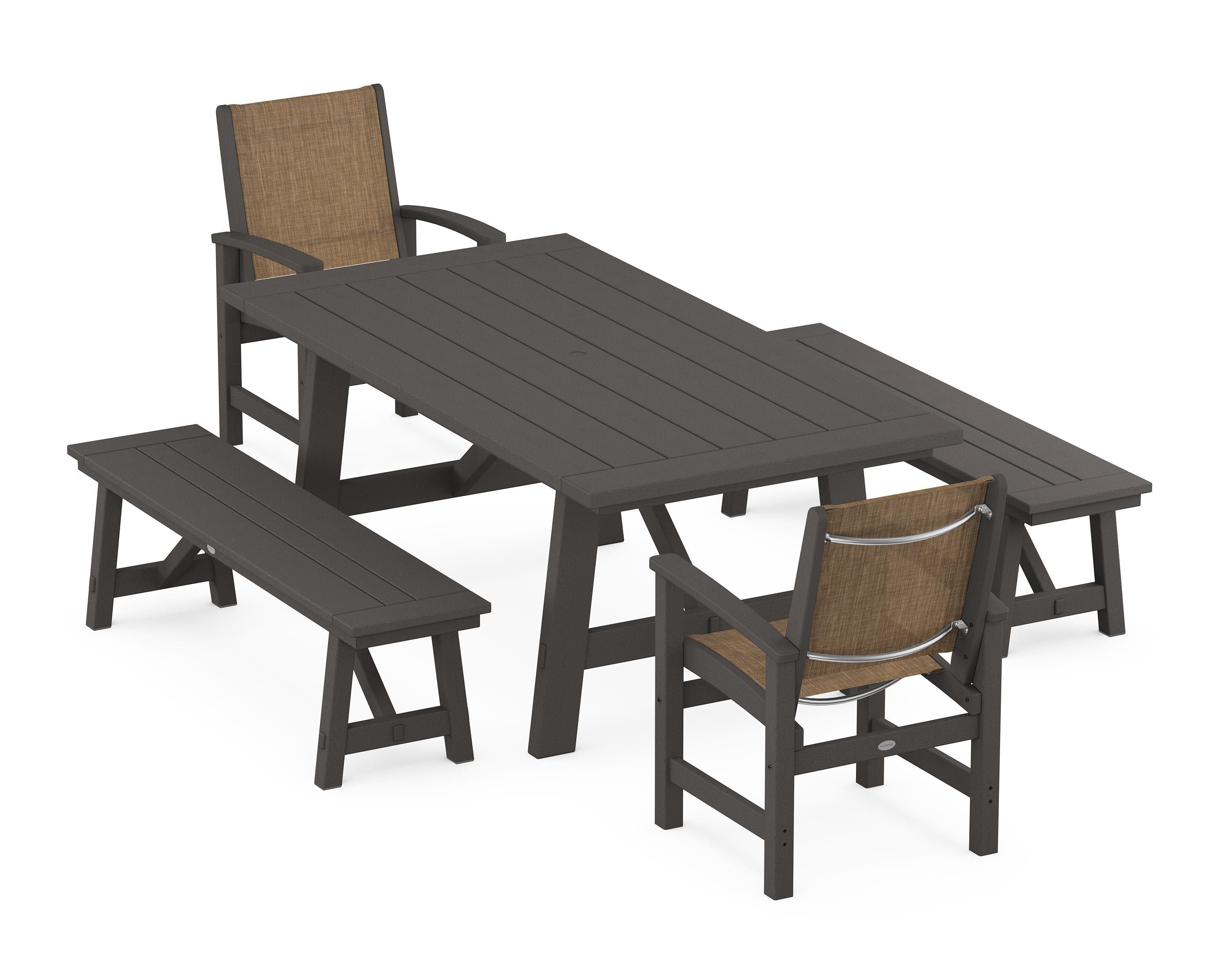 POLYWOOD Coastal 5-Piece Rustic Farmhouse Dining Set With Benches in Vintage Coffee / Burlap Sling