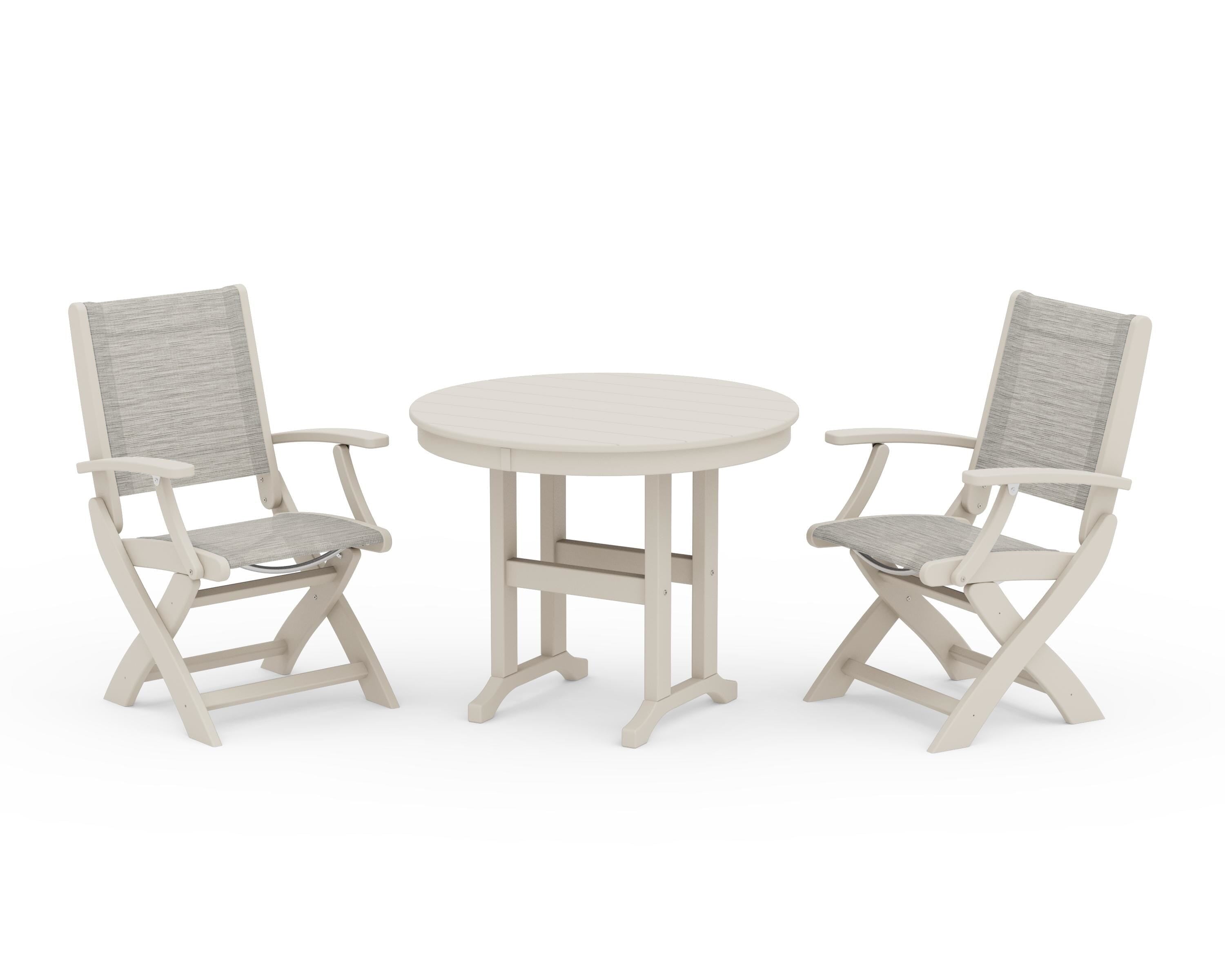 POLYWOOD Coastal Folding Chair 3-Piece Round Dining Set in Sand / Birch Sling