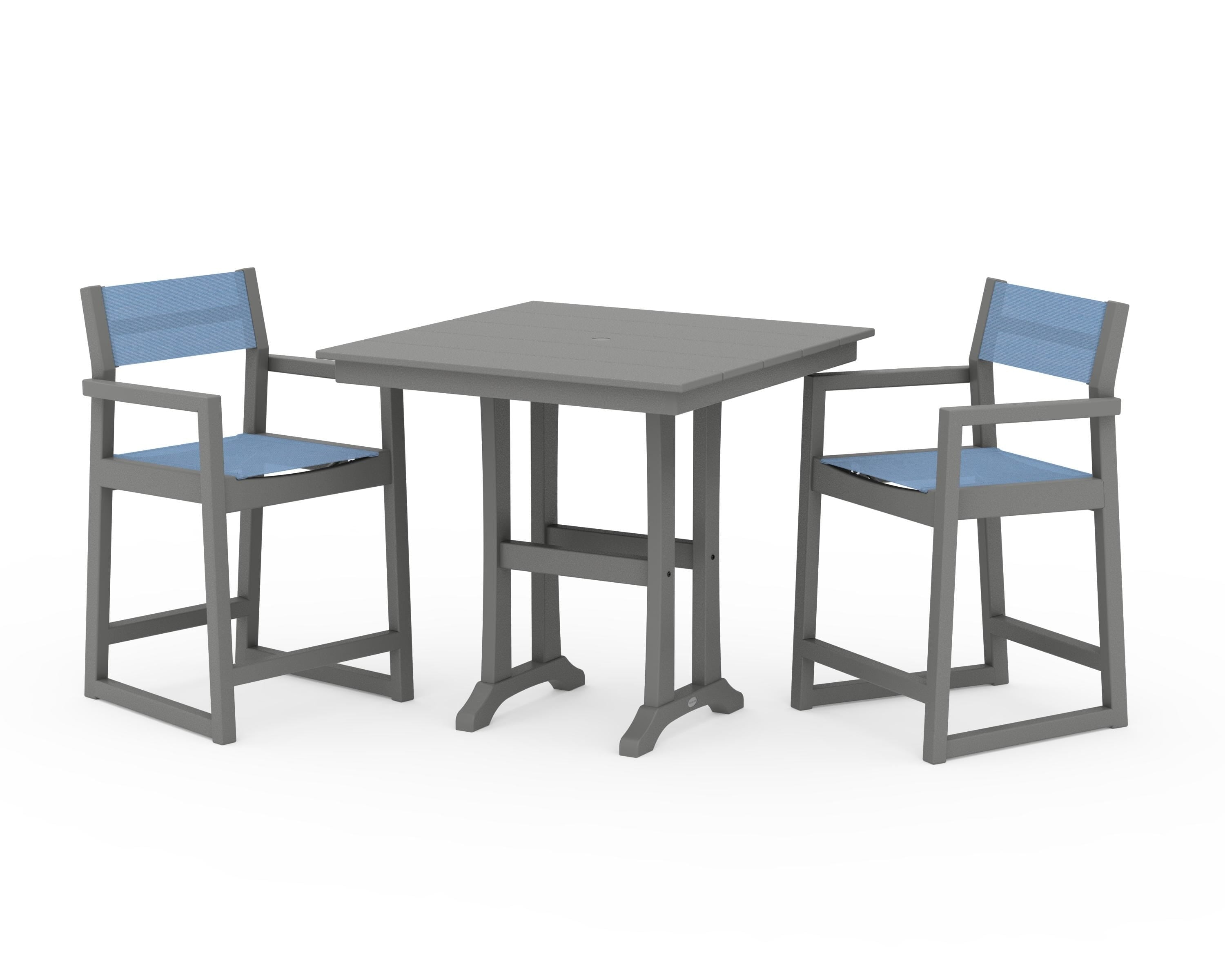 POLYWOOD EDGE Sling Arm Chair 3-Piece Farmhouse Counter Set with Trestle Legs in Slate Grey / Poolside Sling