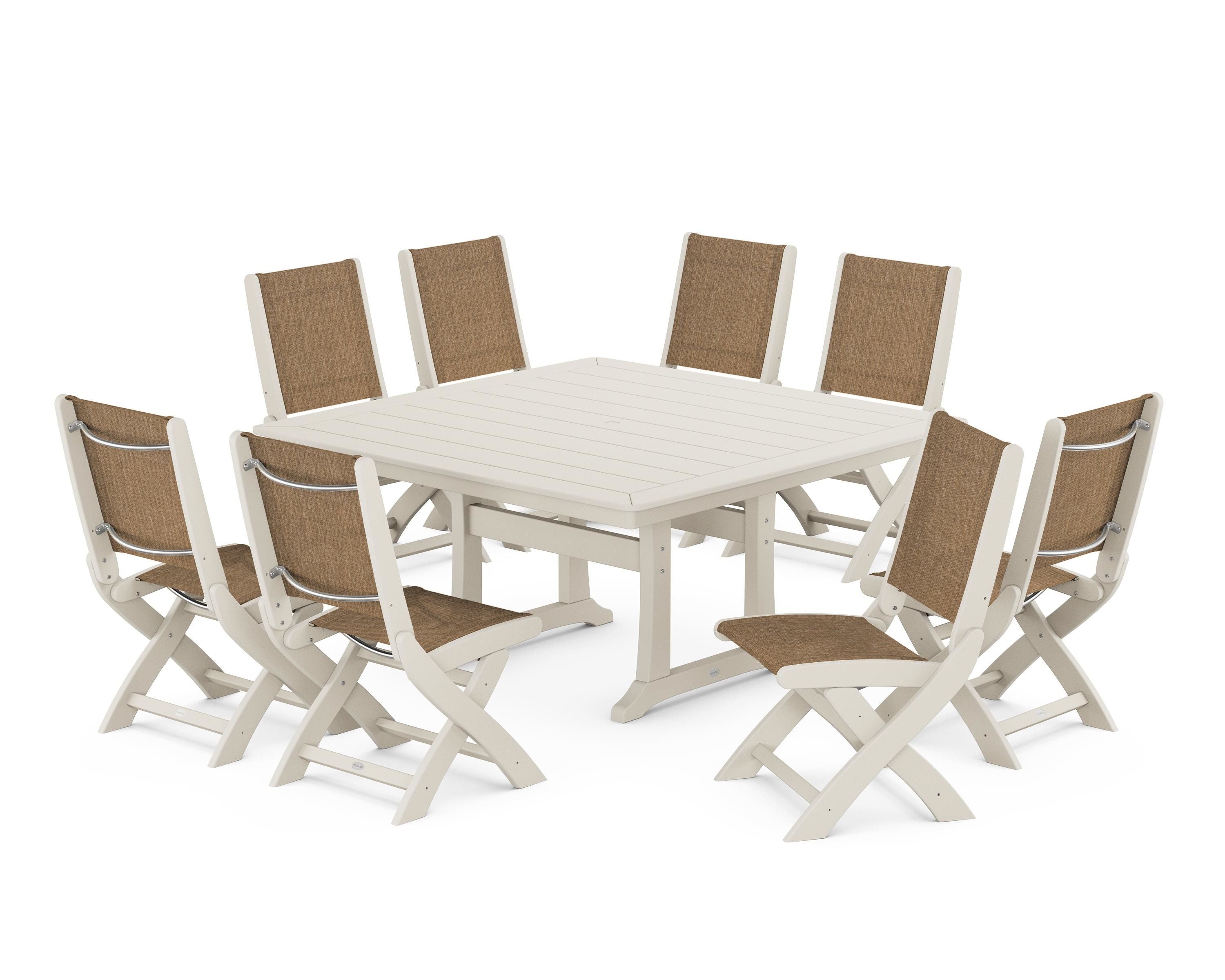 POLYWOOD Coastal Folding Side Chair 9-Piece Dining Set with Trestle Legs in Sand / Burlap Sling
