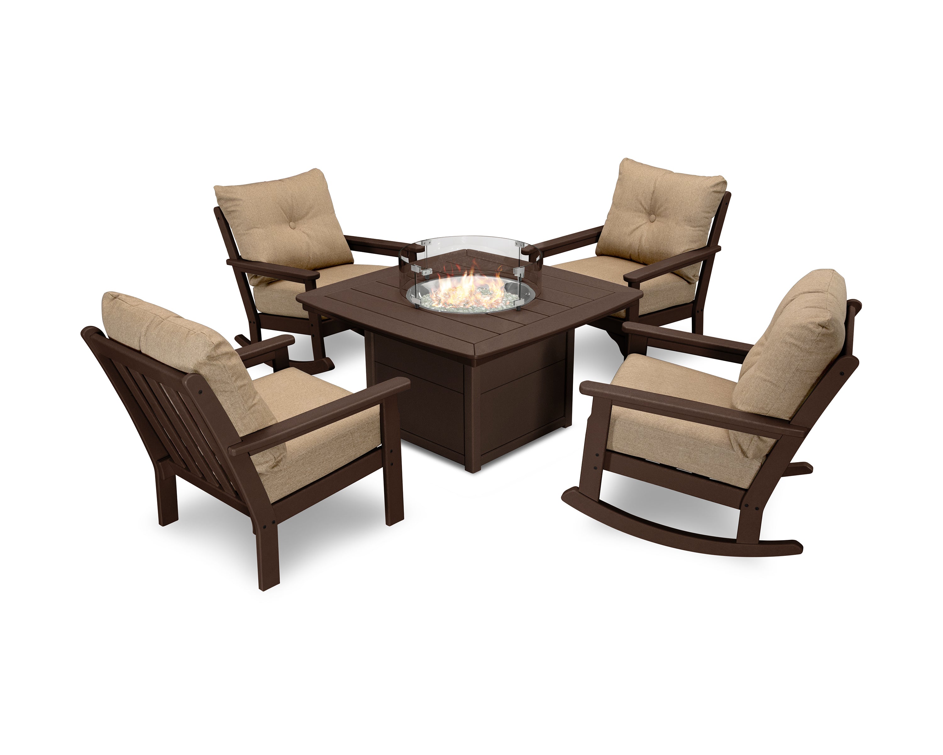 POLYWOOD Vineyard 5-Piece Deep Seating Rocking Chair Conversation Set with Fire Pit Table in Mahogany / Sesame