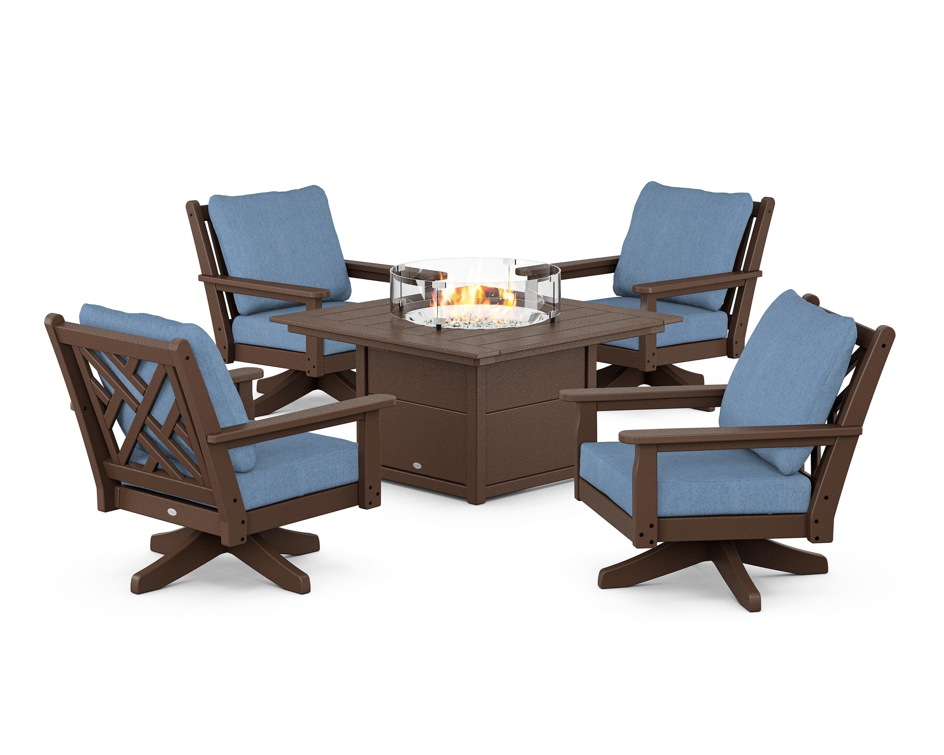 POLYWOOD Chippendale 5-Piece Deep Seating Swivel Conversation Set with Fire Pit Table in Mahogany / Sky Blue