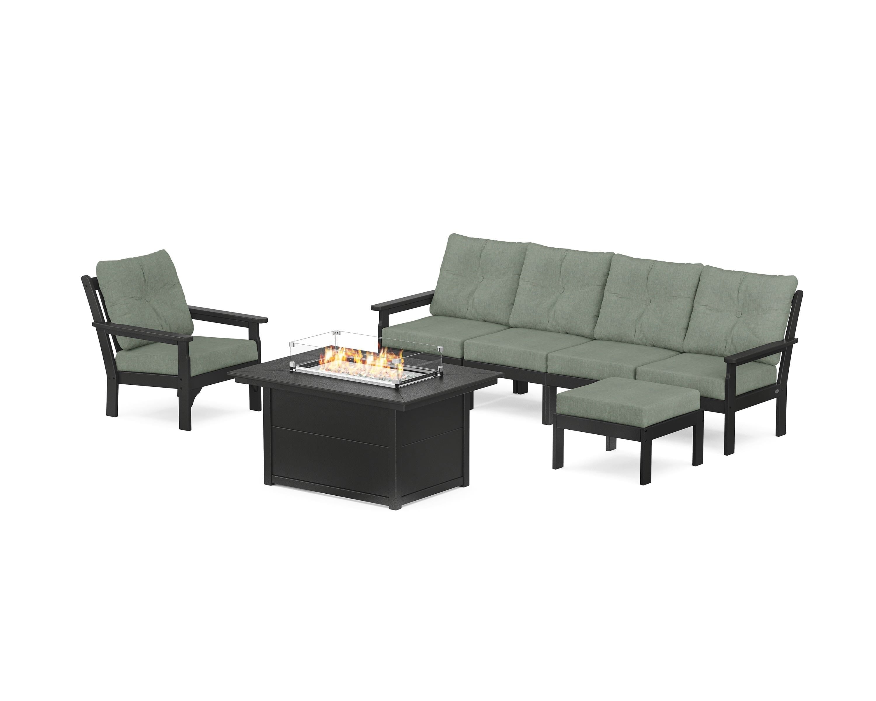 POLYWOOD Vineyard Sectional Lounge and Fire Pit Set in Black / Cast Sage