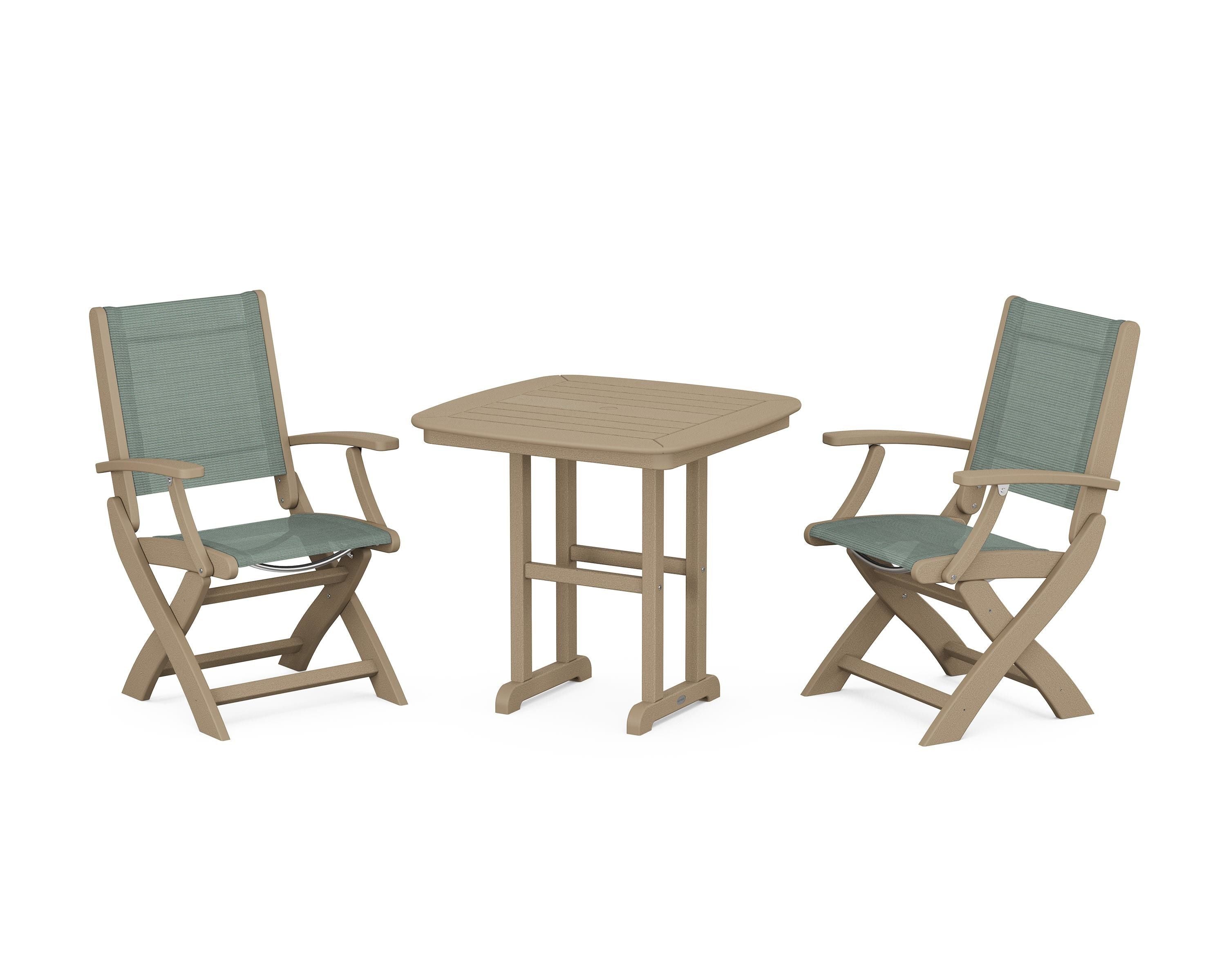 POLYWOOD Coastal Folding Chair 3-Piece Dining Set in Vintage Sahara / Dupioni Sea Mist Sling