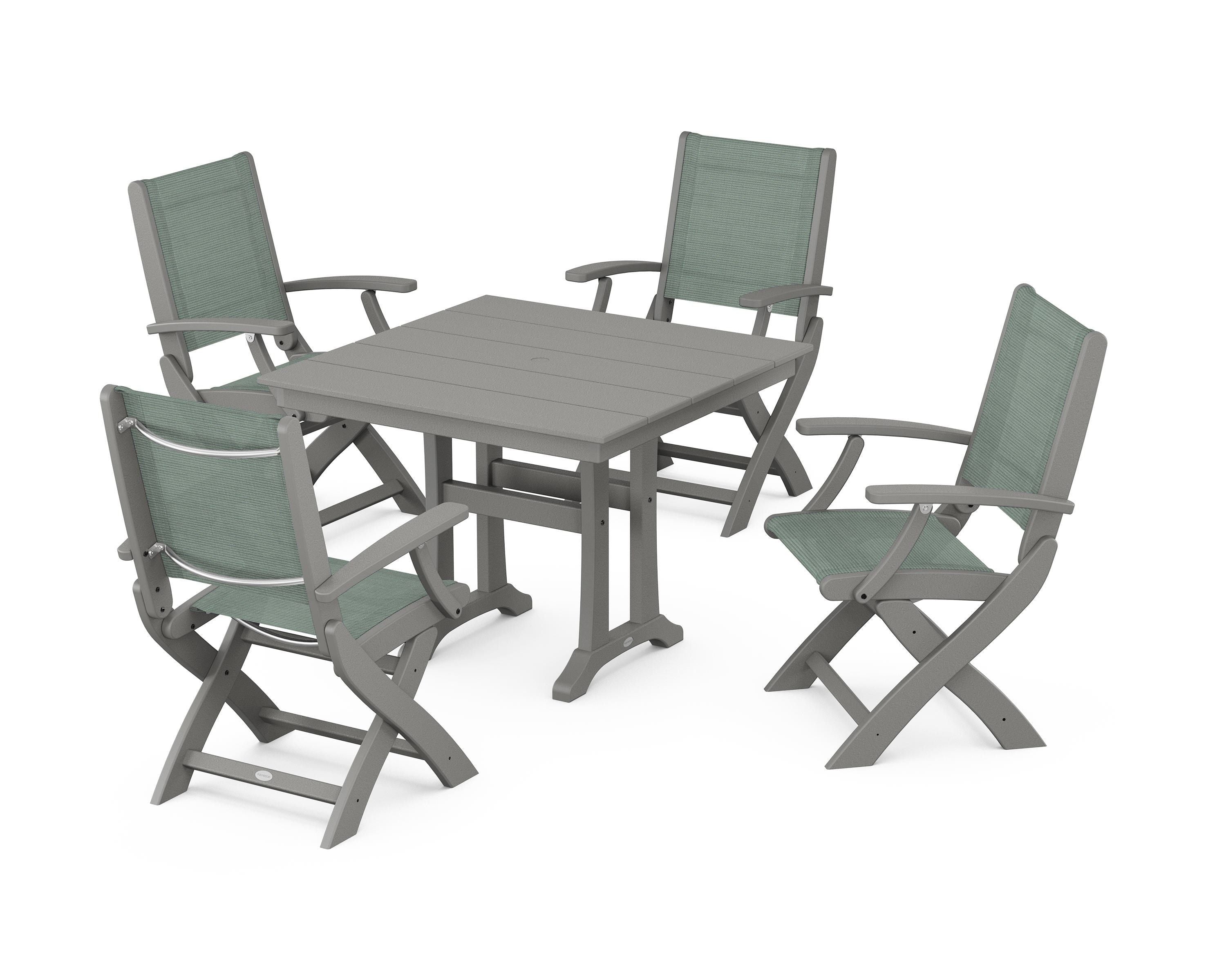POLYWOOD Coastal Folding Chair 5-Piece Farmhouse Dining Set With Trestle Legs in Slate Grey / Dupioni Sea Mist Sling