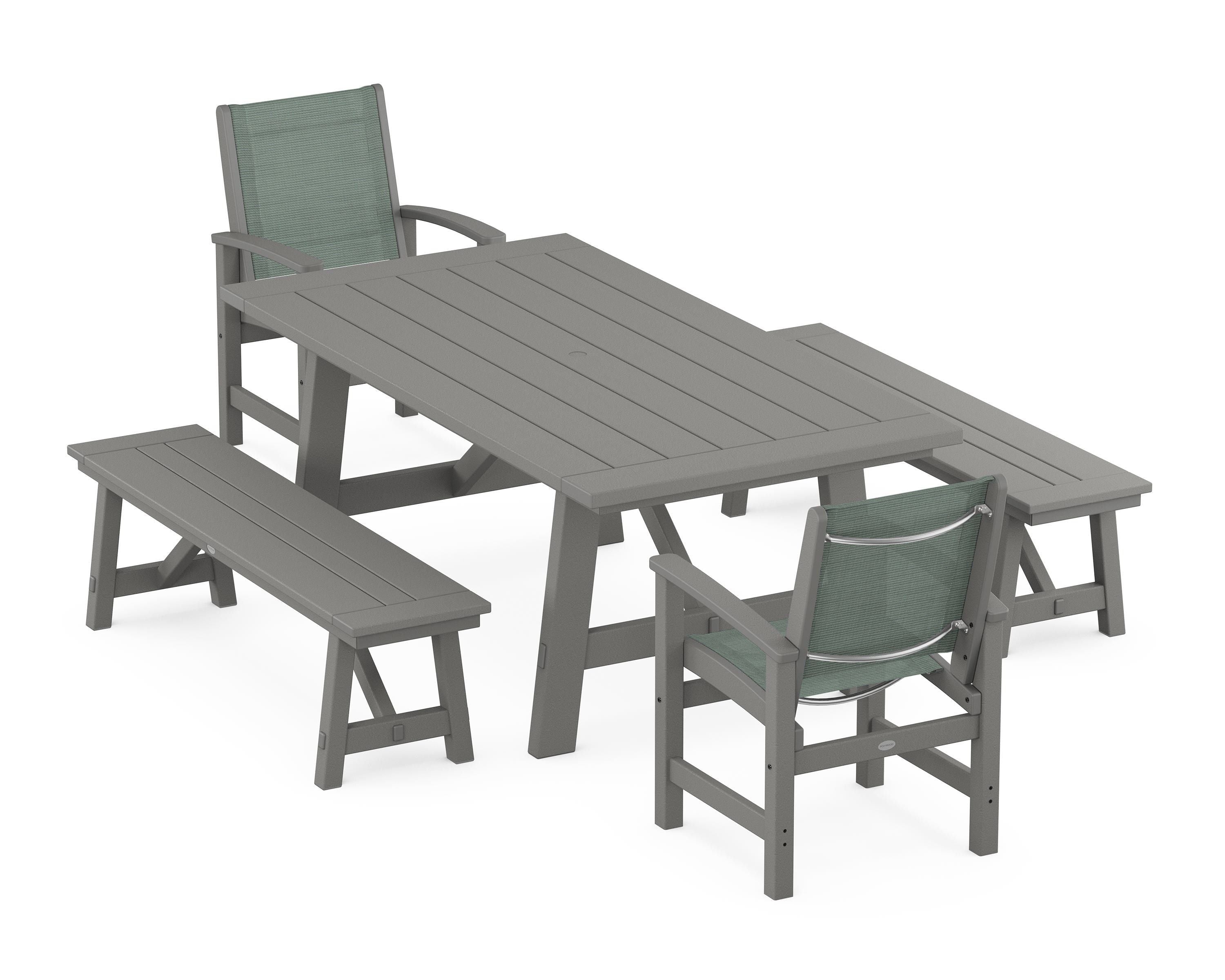 POLYWOOD Coastal 5-Piece Rustic Farmhouse Dining Set With Benches in Slate Grey / Dupioni Sea Mist Sling