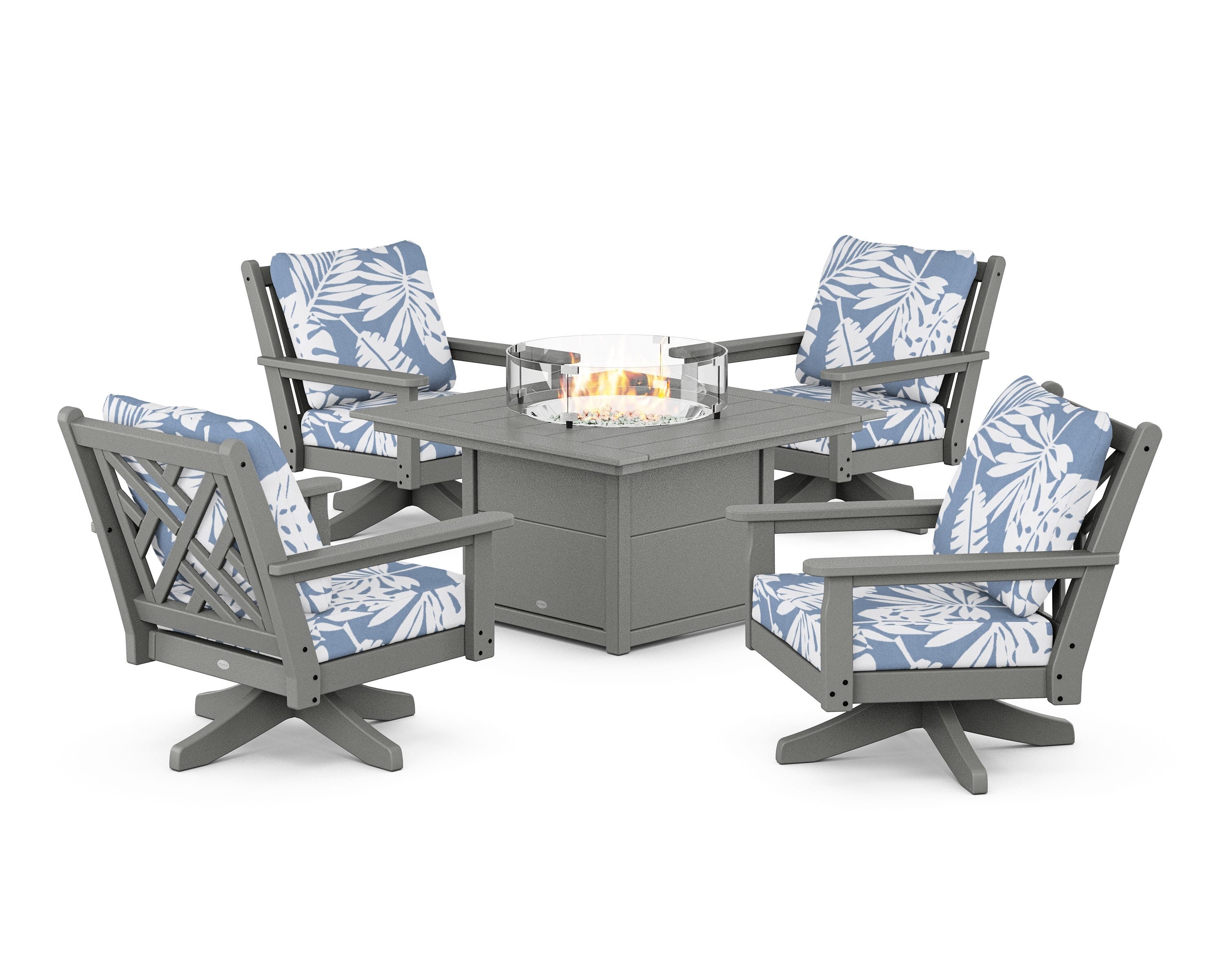 POLYWOOD Chippendale 5-Piece Deep Seating Swivel Conversation Set with Fire Pit Table in Slate Grey / Leaf Sky Blue