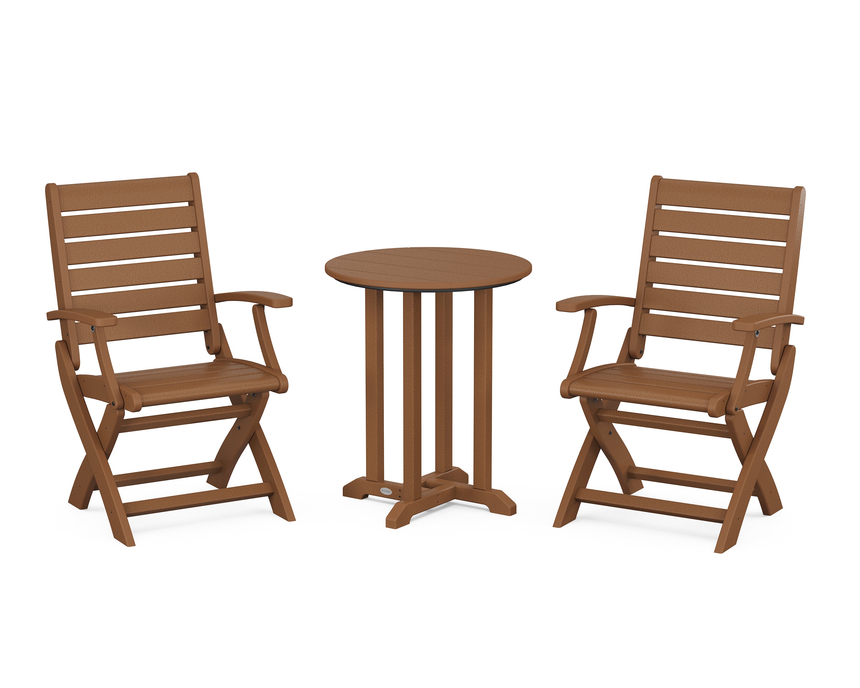 POLYWOOD Signature Folding Chair 3-Piece Round Farmhouse Bistro Dining Set in Teak
