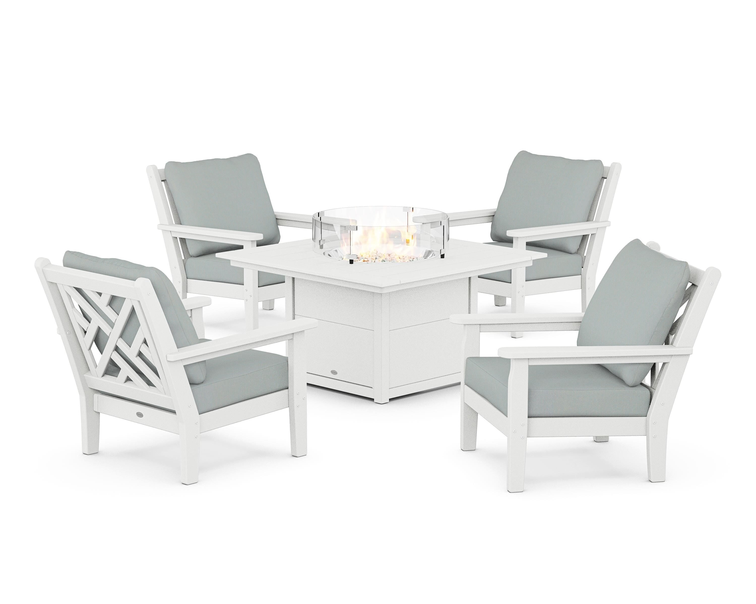 POLYWOOD Chippendale 5-Piece Deep Seating Set with Fire Pit Table in White / Spa