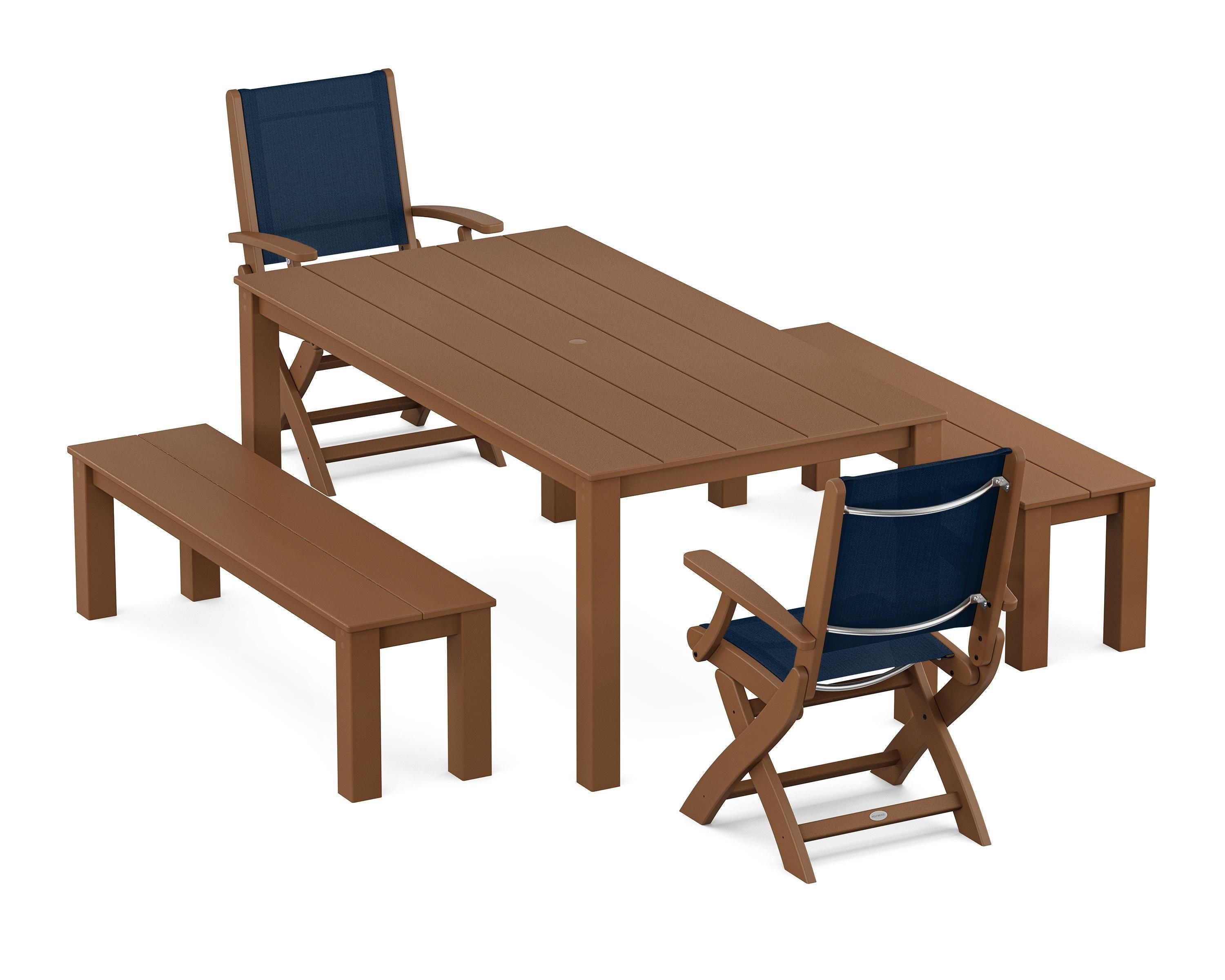 POLYWOOD Coastal Folding Chair 5-Piece Parsons Dining Set with Benches in Teak / Navy Blue Sling