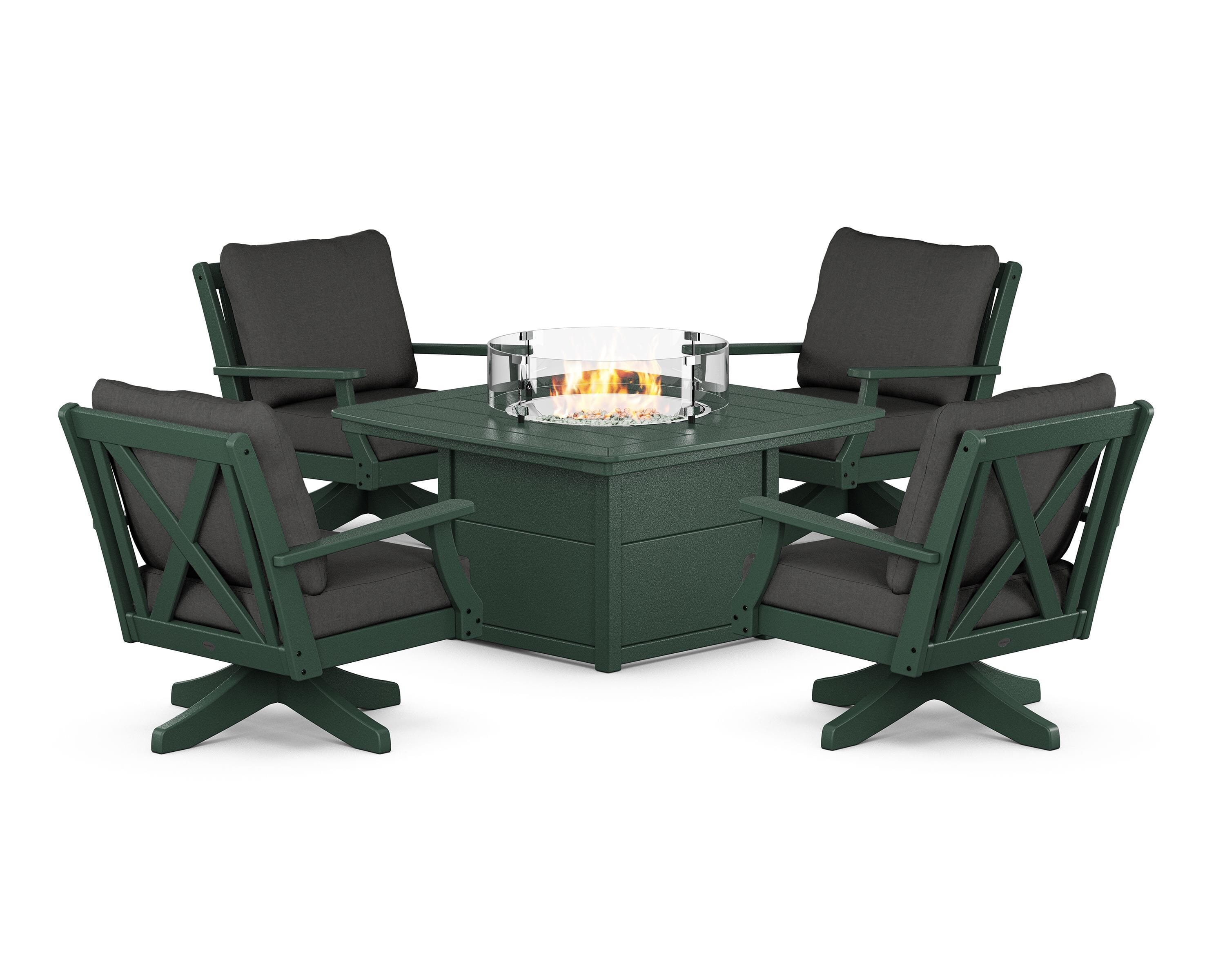 POLYWOOD Braxton 5-Piece Deep Seating Swivel Conversation Set with Fire Pit Table in Green / Spectrum Carbon