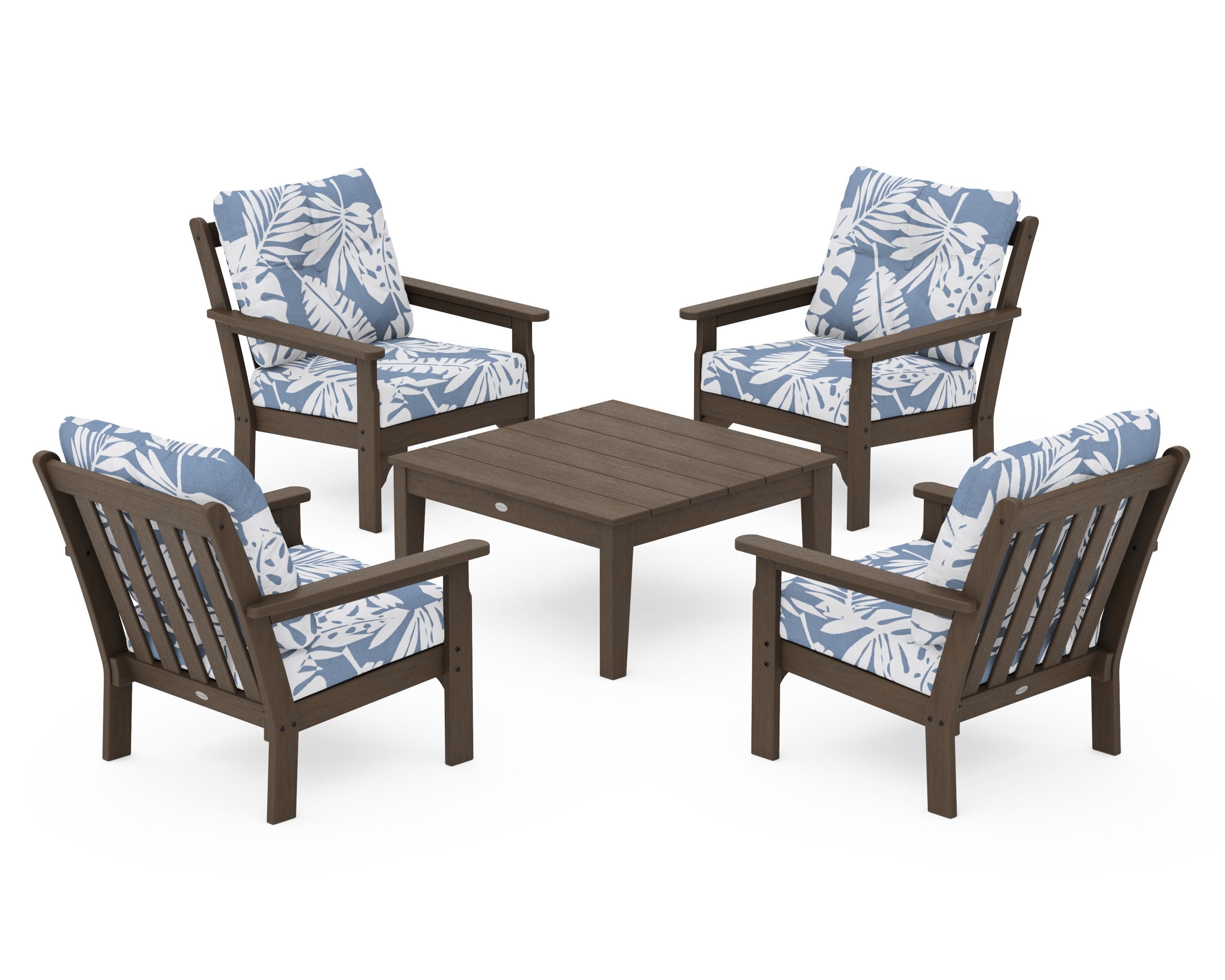 POLYWOOD Vineyard 5-Piece Deep Seating Conversation Set in Kona / Leaf Sky Blue