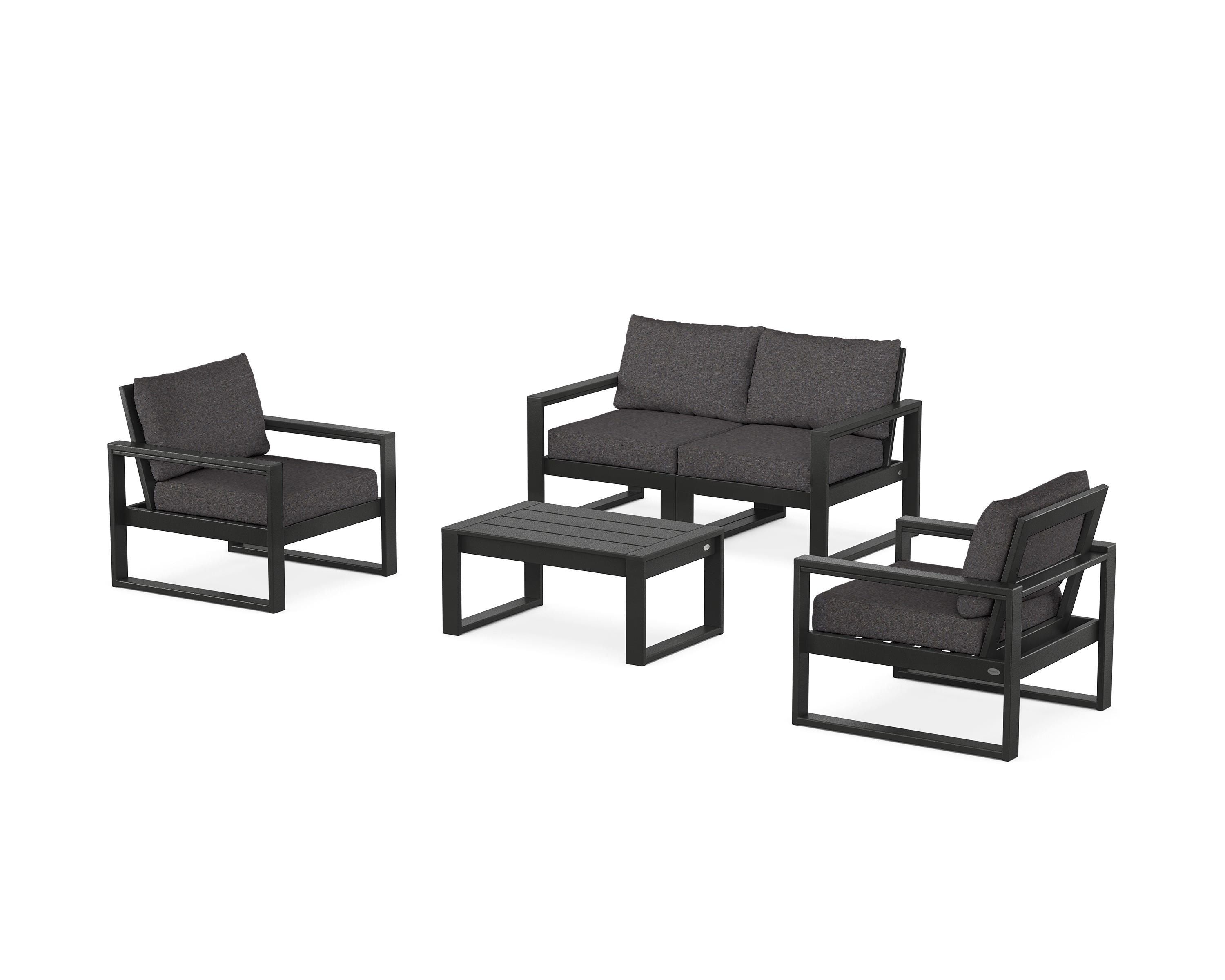 POLYWOOD EDGE Sectional 4-Piece Deep Seating Set with Loveseat in Black / Ash Charcoal