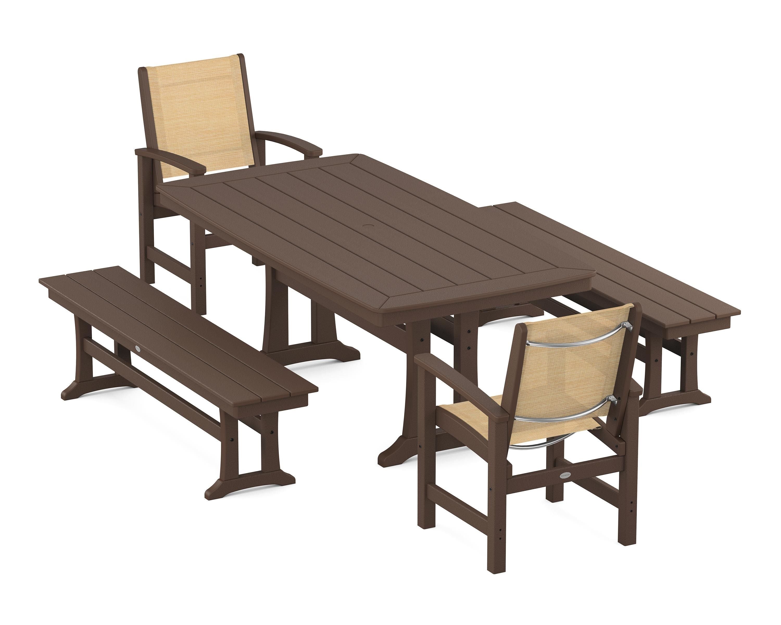 POLYWOOD Coastal 5-Piece Dining Set with Trestle Legs and Benches in Mahogany / Dupioni Apricot Sling