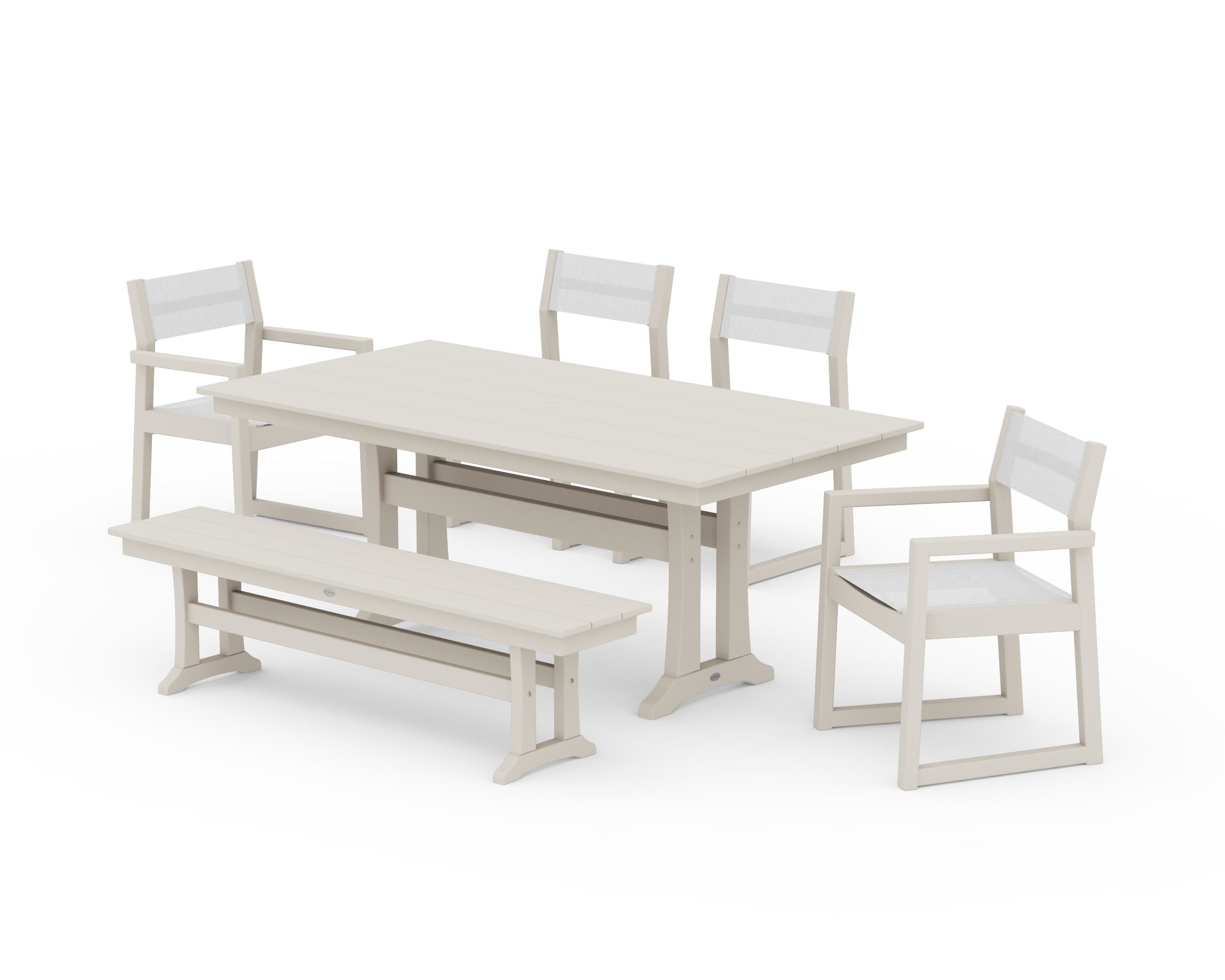 POLYWOOD EDGE Sling 6-Piece Farmhouse Dining Set With Trestle Legs in Sand / White Sling