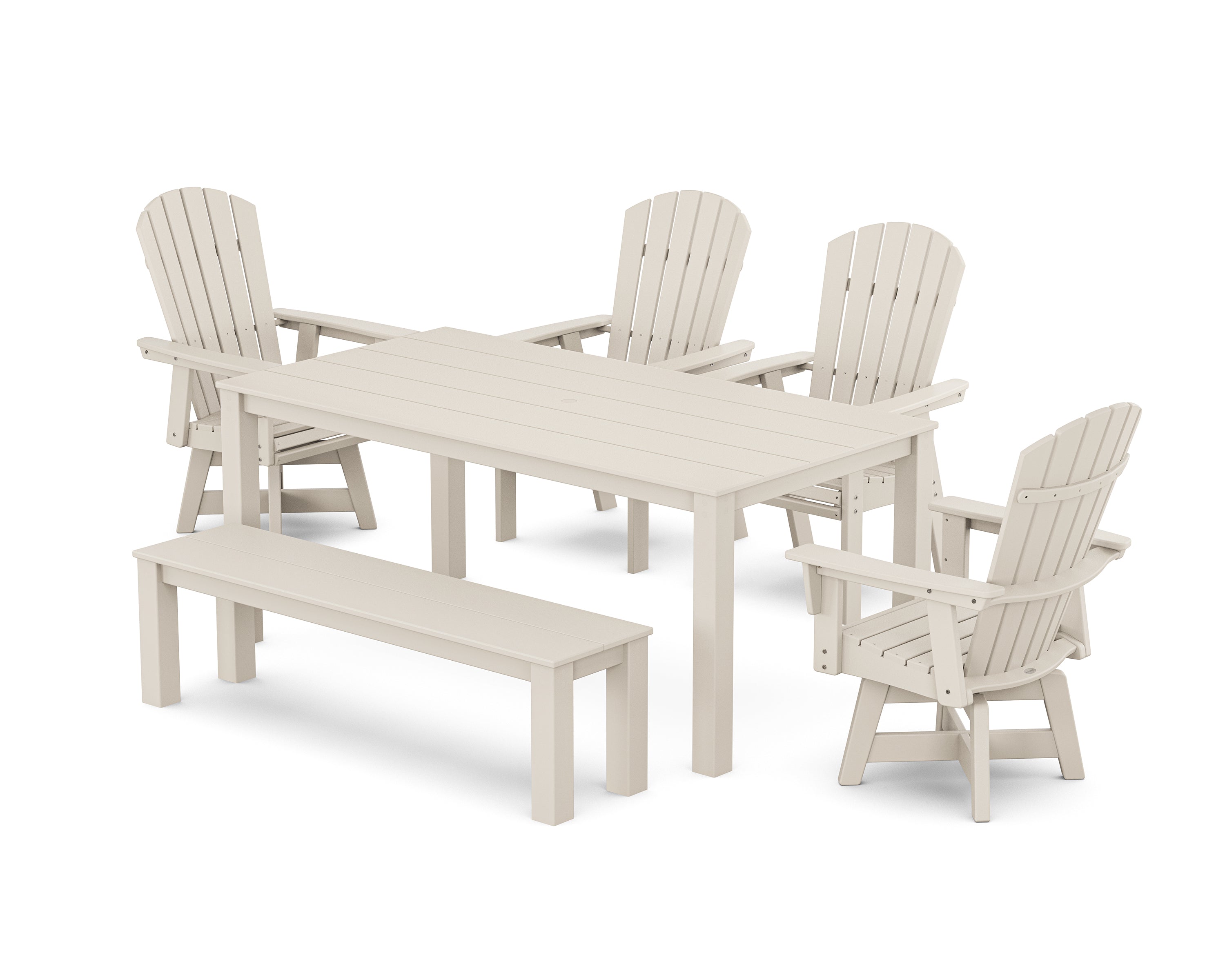 POLYWOOD® Nautical Curveback Adirondack Swivel 6-Piece Parsons Dining Set with Bench in Sand