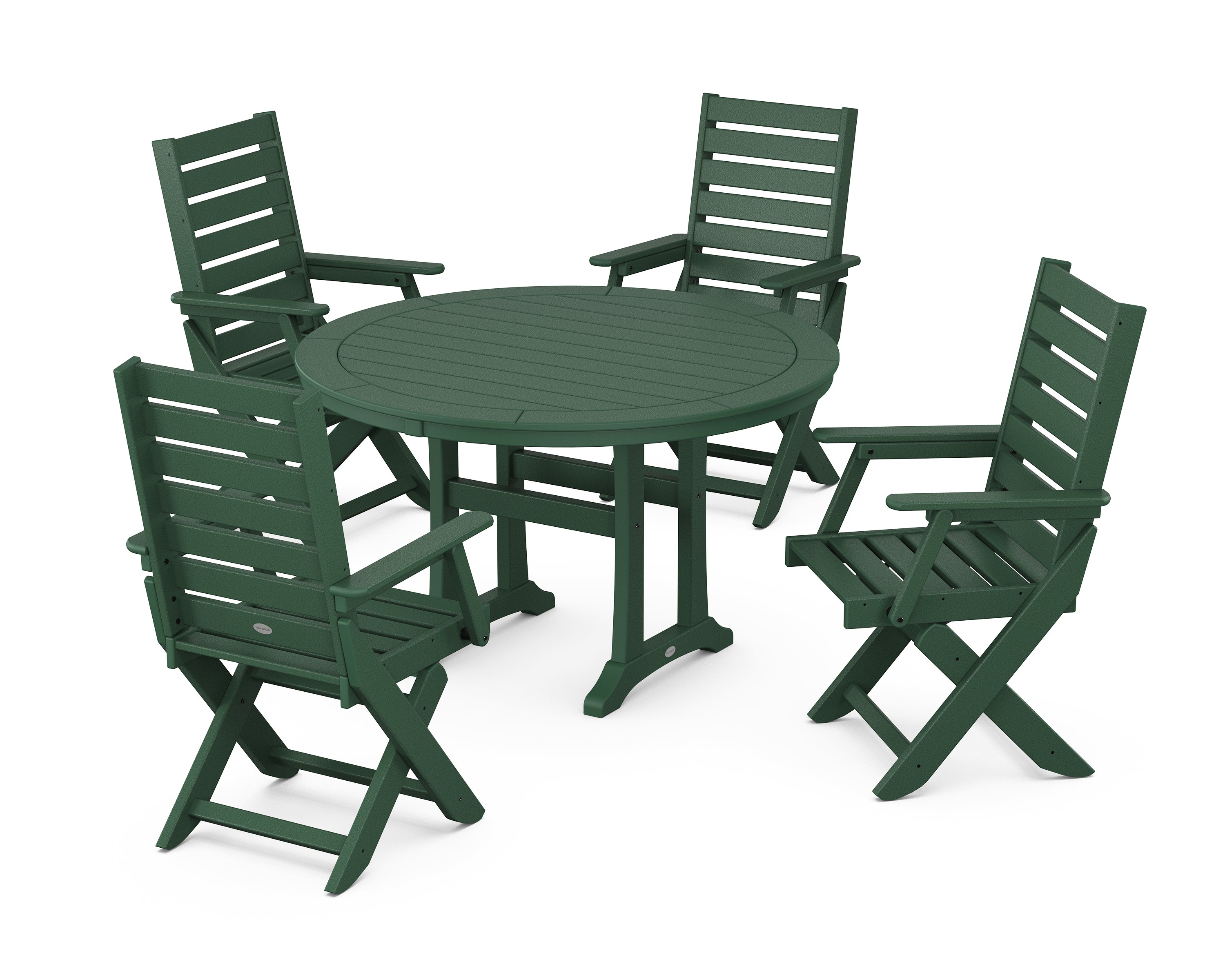 POLYWOOD® Captain Folding Chair 5-Piece Round Dining Set with Trestle Legs in Green