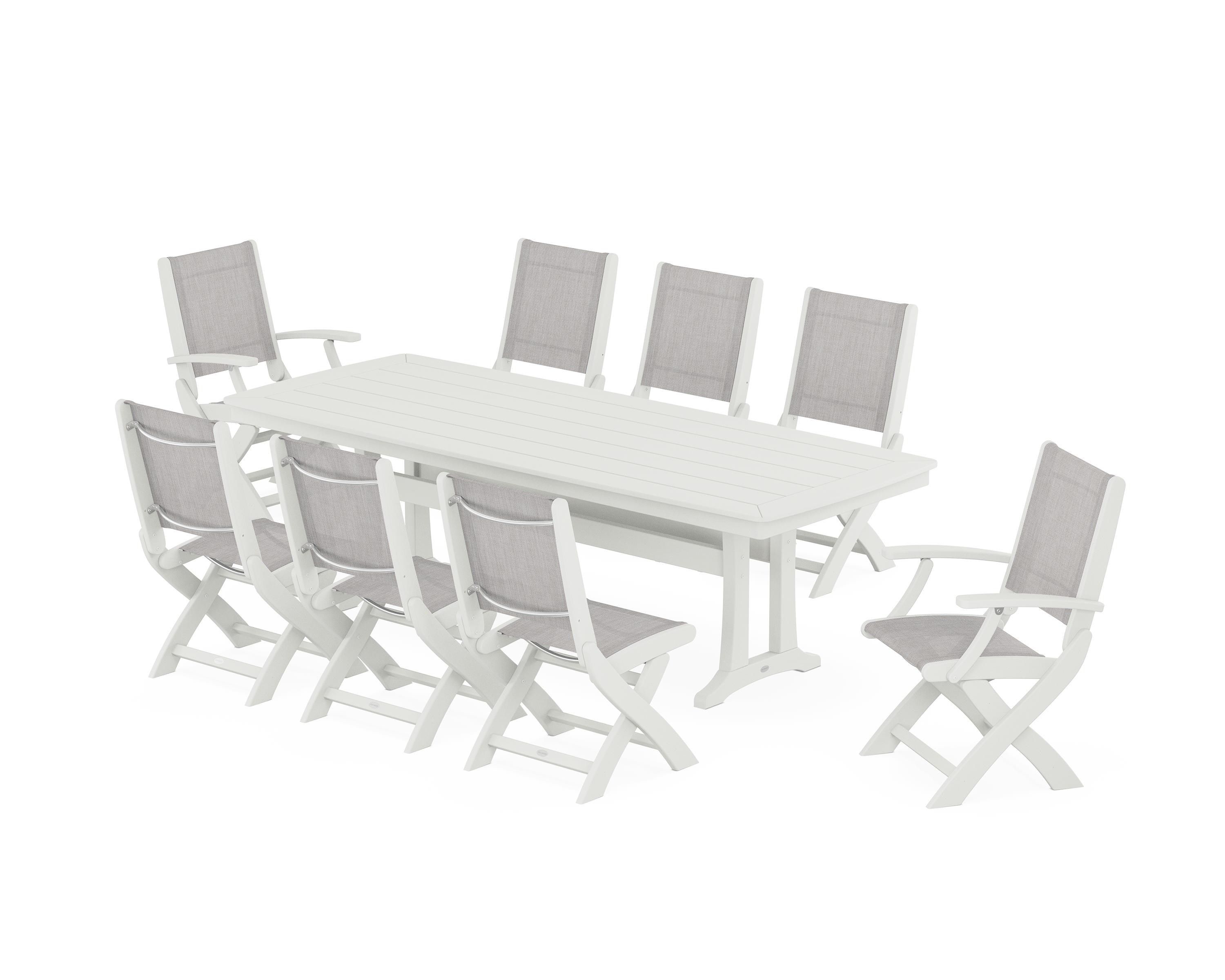 POLYWOOD Coastal Folding 9-Piece Dining Set with Trestle Legs in Vintage White / Parchment Sling