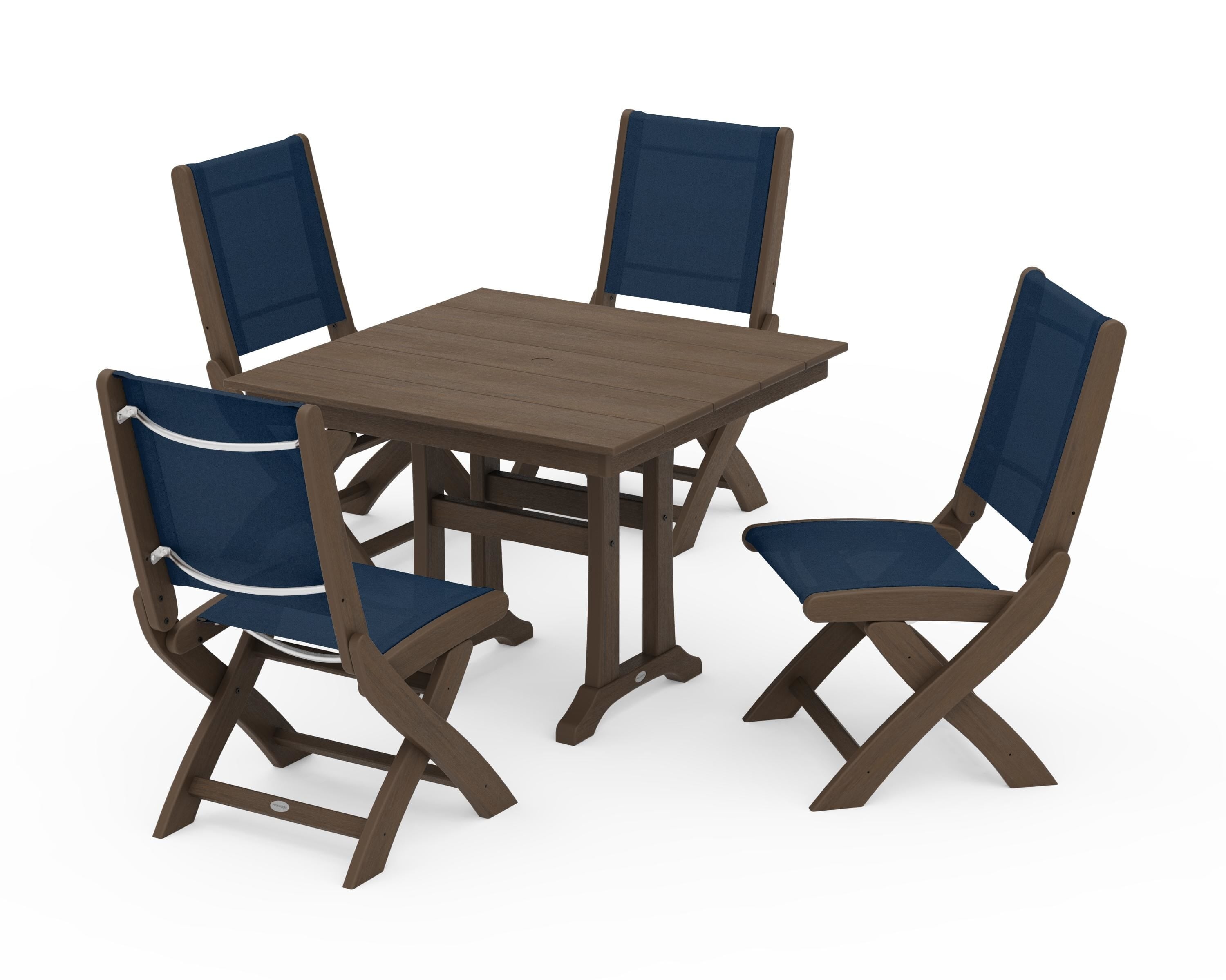 POLYWOOD Coastal Folding Side Chair 5-Piece Farmhouse Dining Set With Trestle Legs in Kona / Navy Blue Sling
