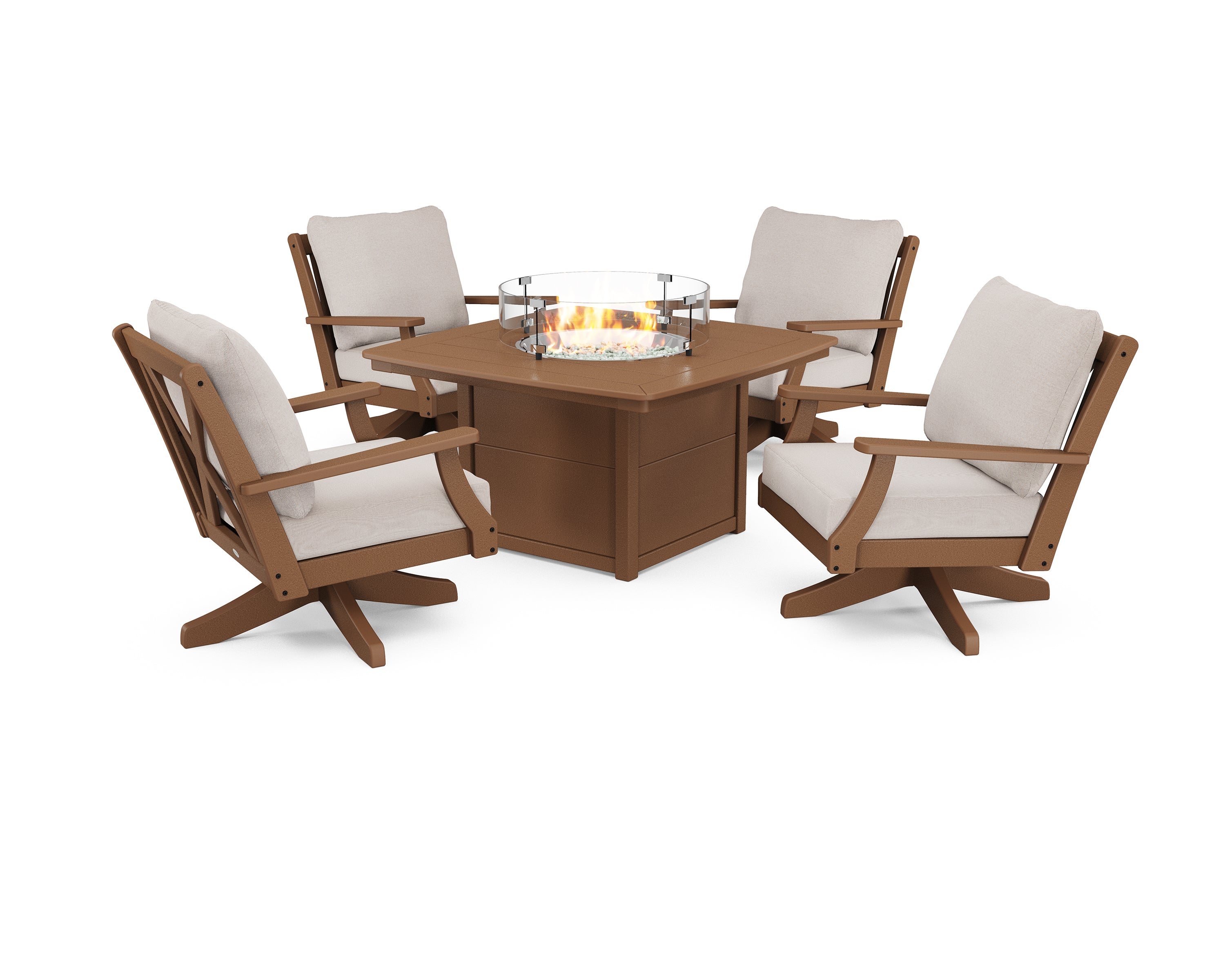POLYWOOD Braxton 5-Piece Deep Seating Swivel Conversation Set with Fire Pit Table in Teak / Dune Burlap