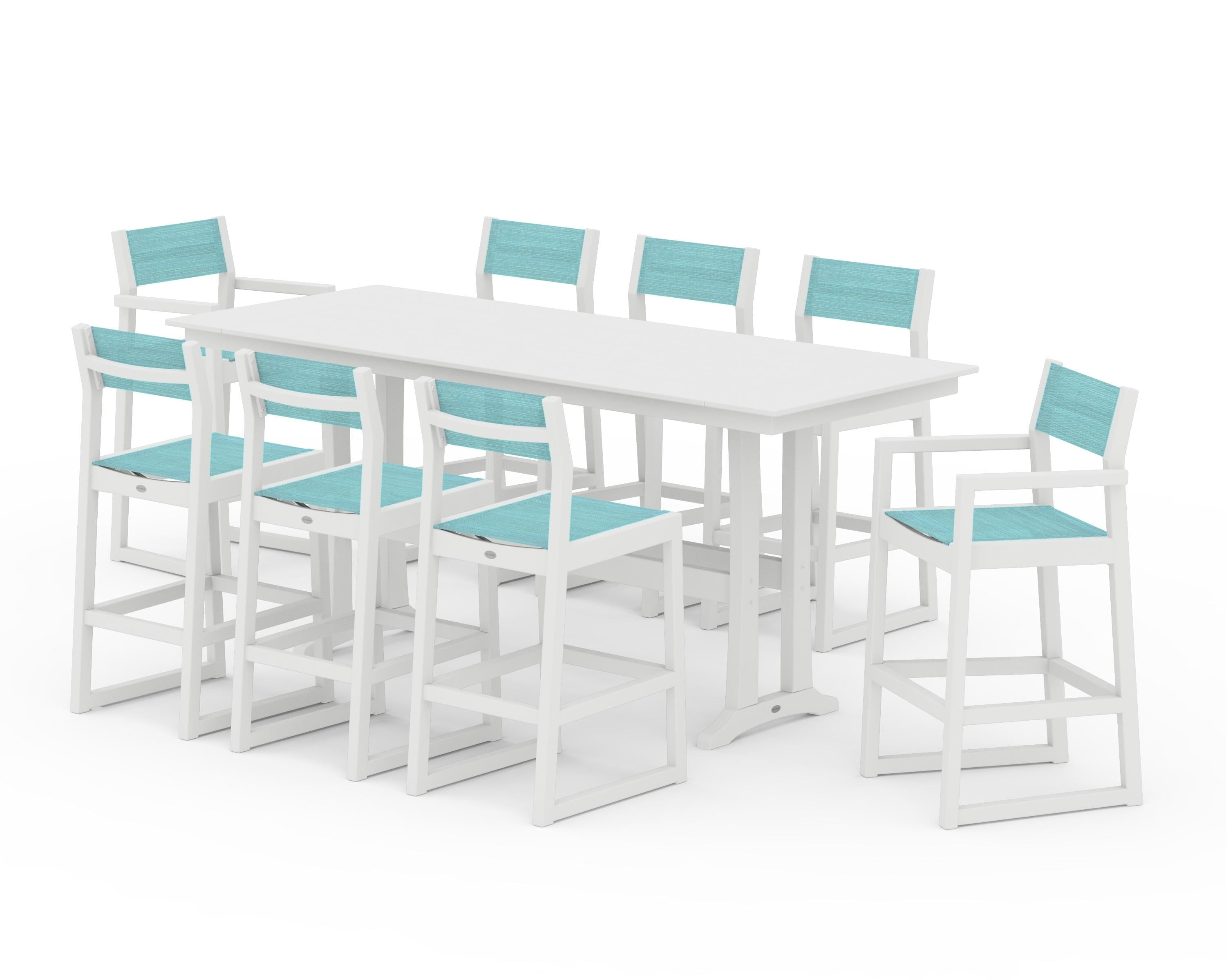 POLYWOOD EDGE Sling 9-Piece Farmhouse Bar Set with Trestle Legs in White / Dupioni Aquamarine Sling