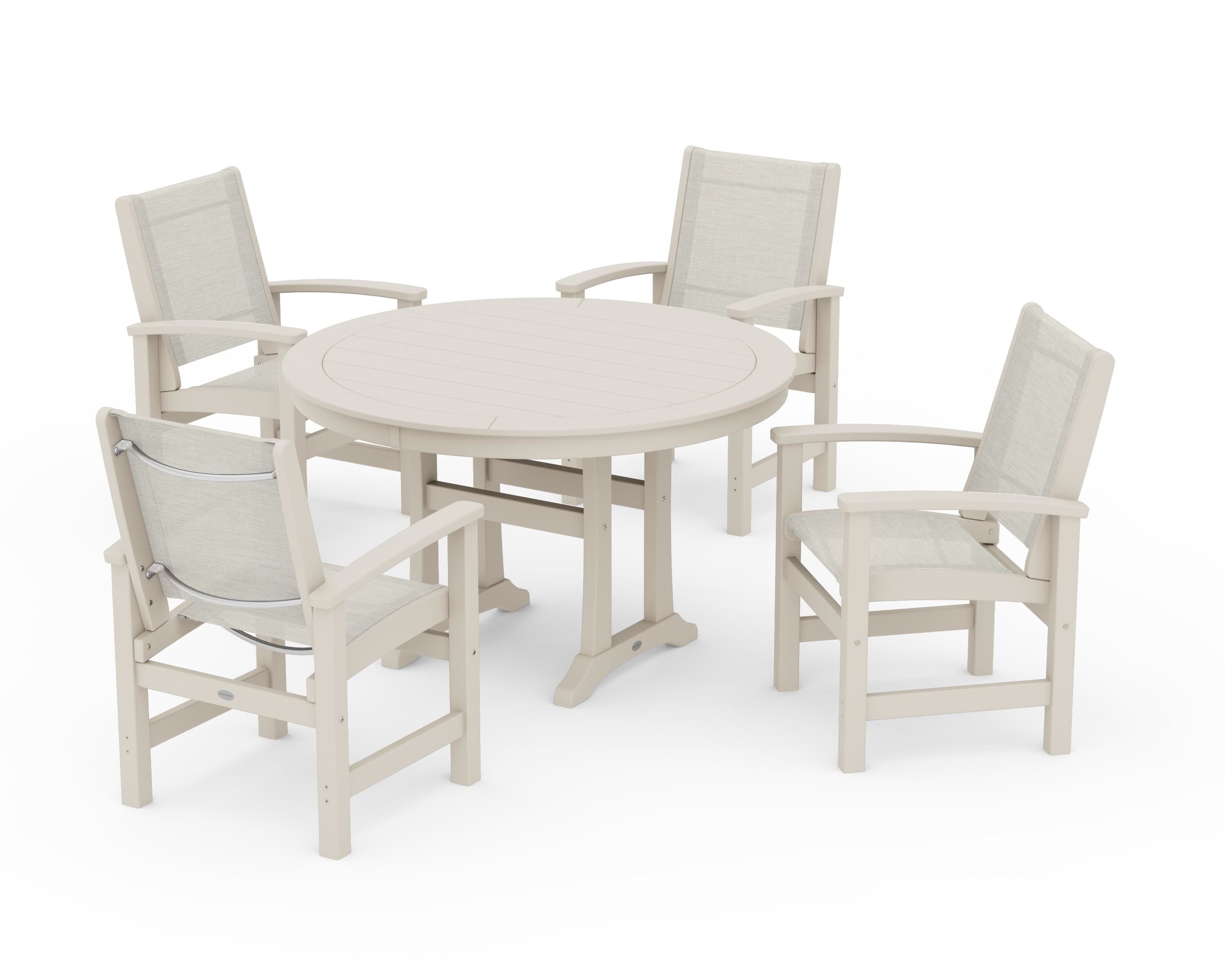 POLYWOOD Coastal 5-Piece Round Dining Set with Trestle Legs in Sand / Parchment Sling