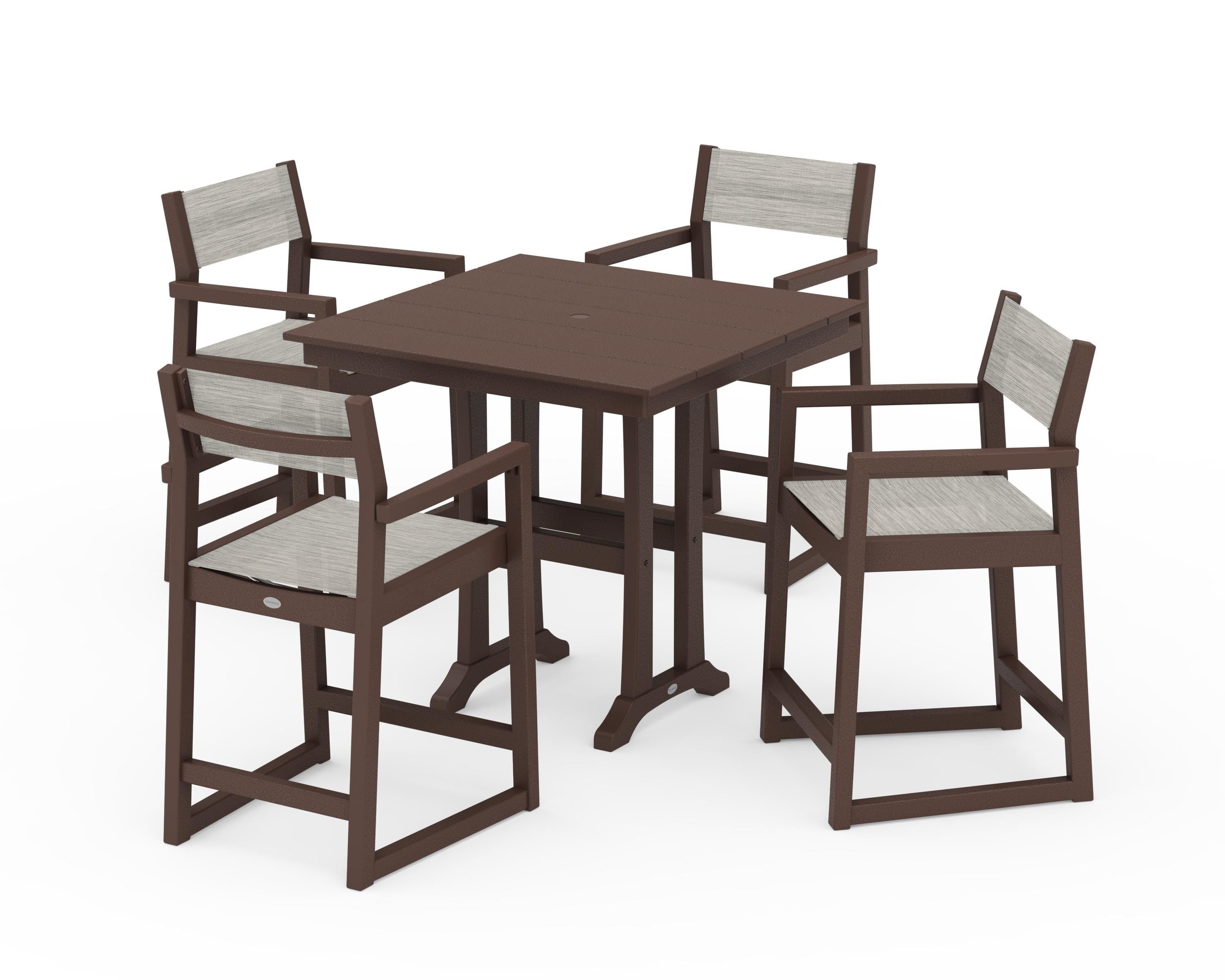 POLYWOOD EDGE Sling Arm Chair 5-Piece Farmhouse Counter Set with Trestle Legs in Mahogany / Birch Sling