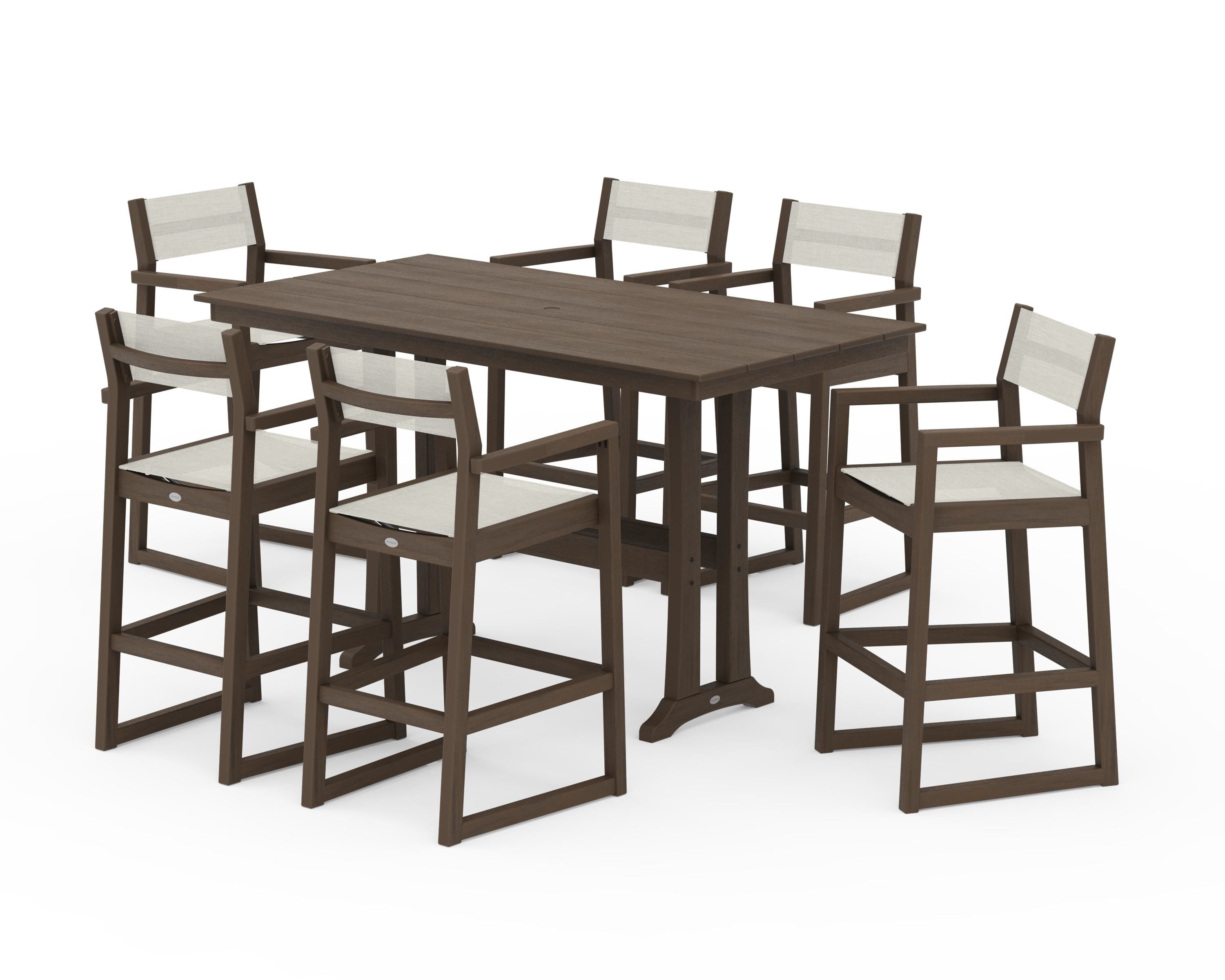 POLYWOOD EDGE Sling Arm Chair 7-Piece Farmhouse Bar Set with Trestle Legs in Kona / Parchment Sling