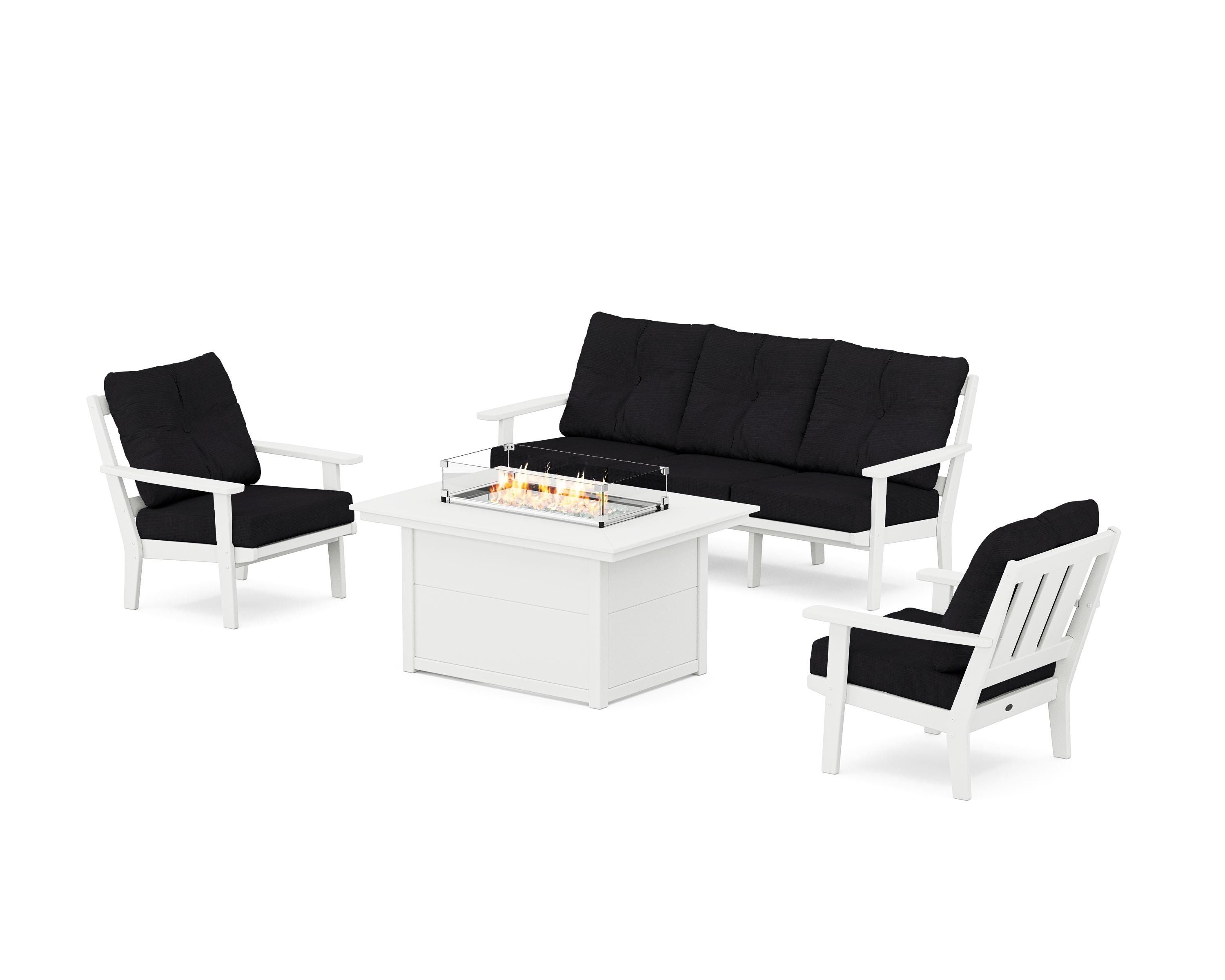 POLYWOOD Oxford Deep Seating Fire Pit Table Set in White / Midnight Linen