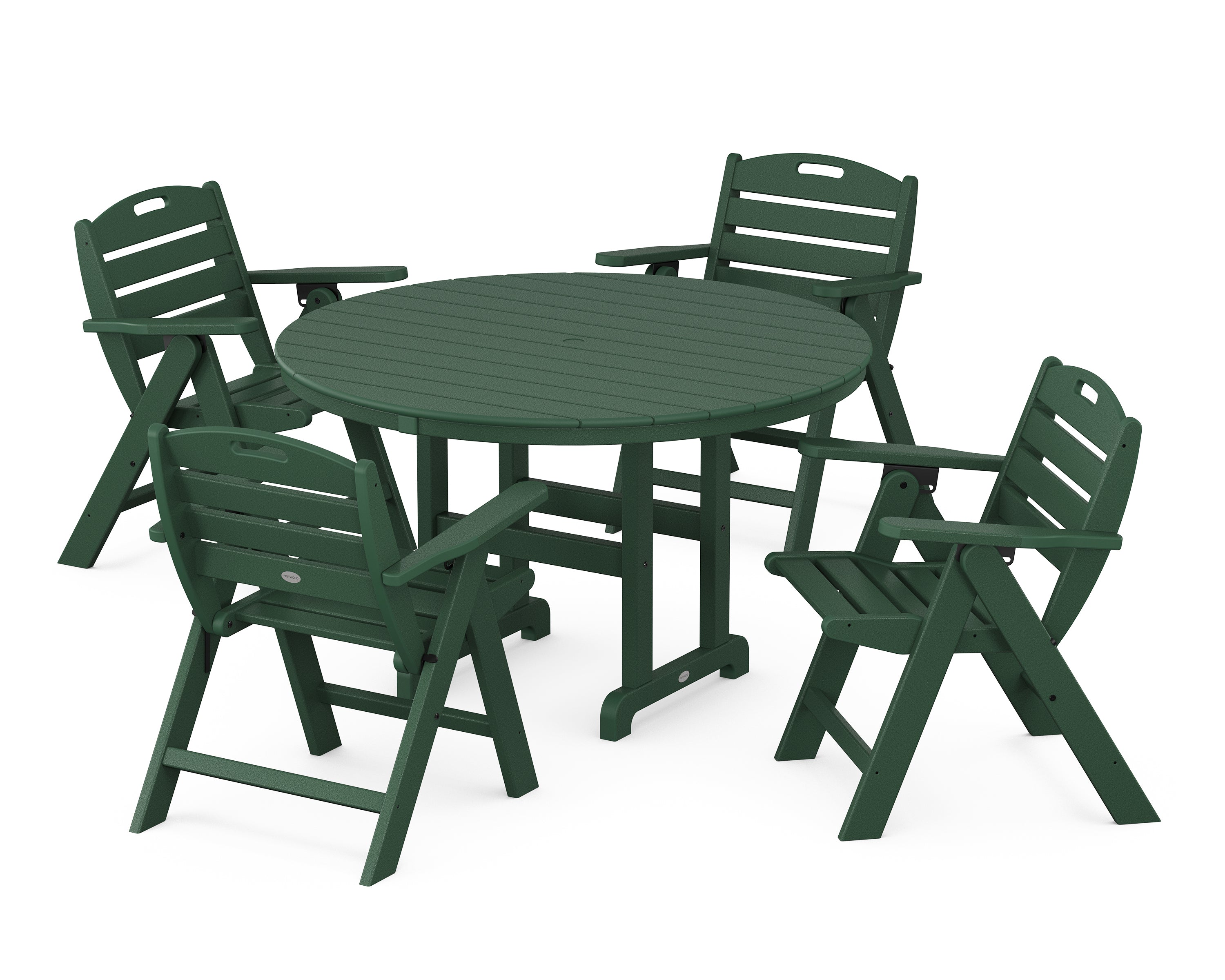 POLYWOOD® Nautical Folding Lowback Chair 5-Piece Round Farmhouse Dining Set in Green