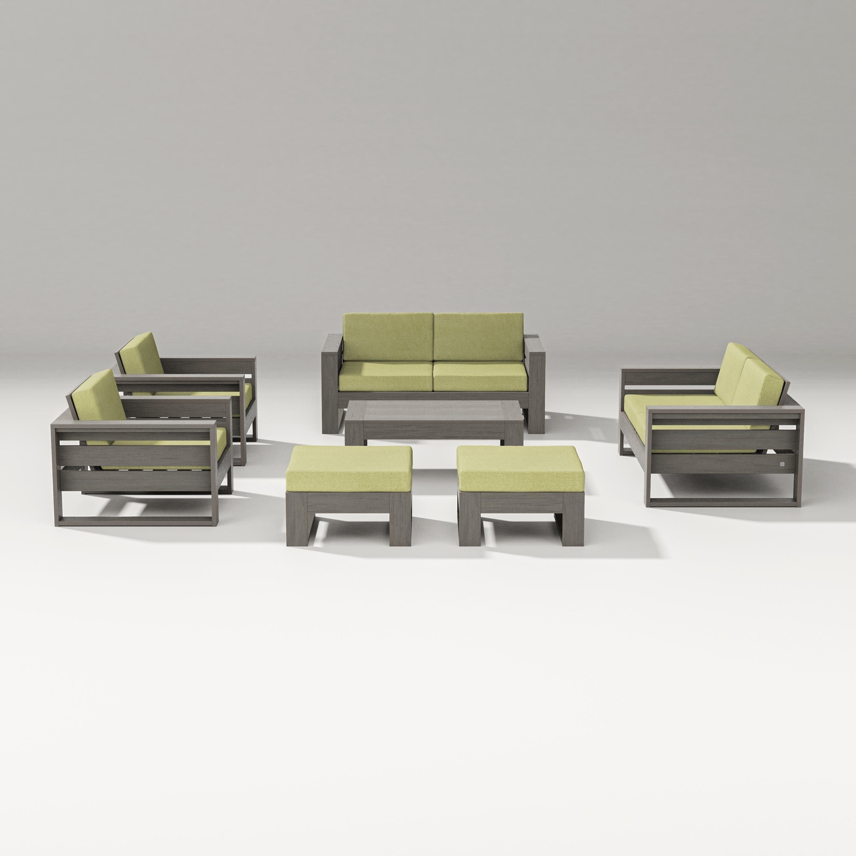 PW Designer Series Latitude 7-Piece Lounge Loveseat Set in Driftwood / Chartreuse Boucle