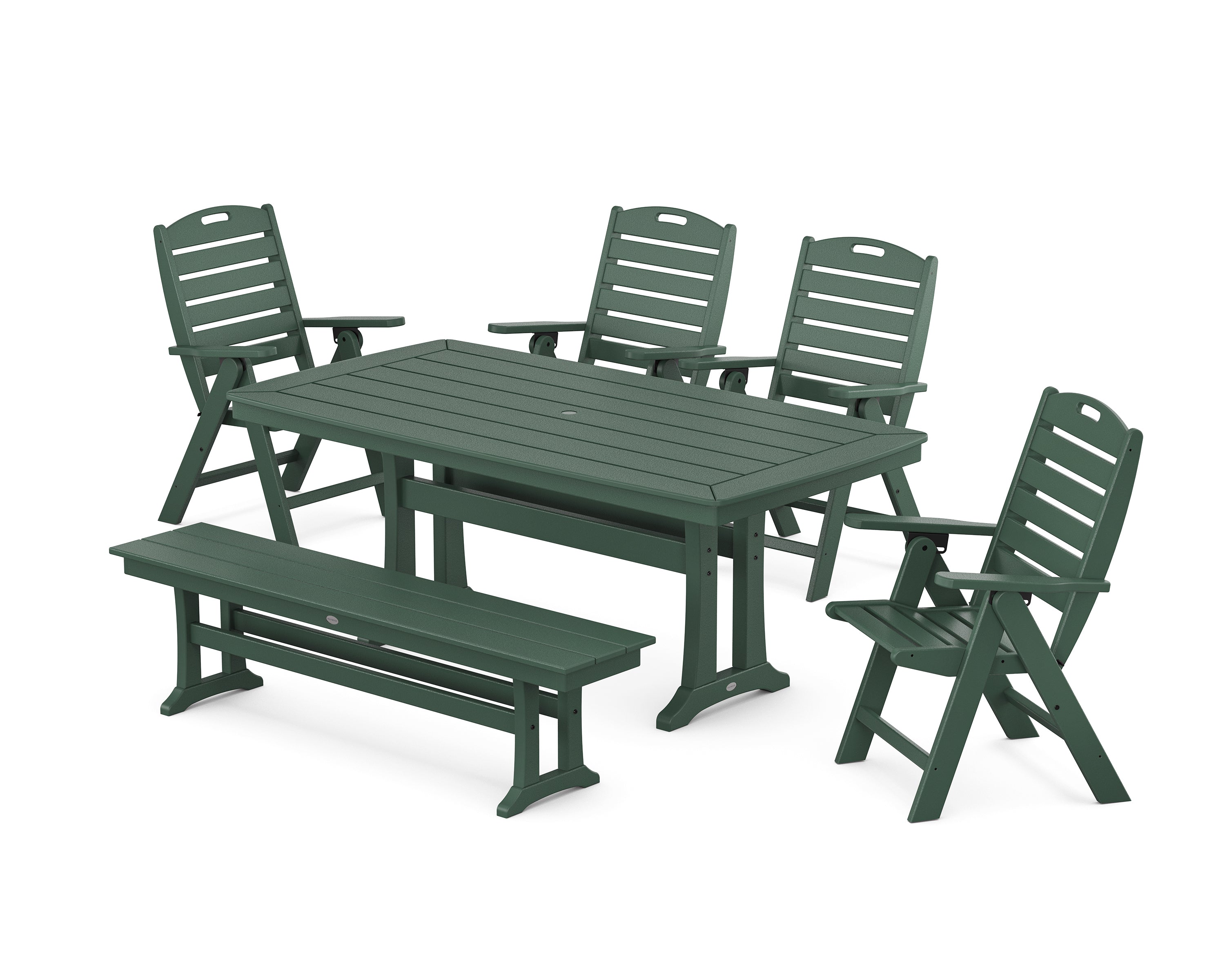 POLYWOOD Nautical Highback 6-Piece Dining Set with Trestle Legs and Bench in Green