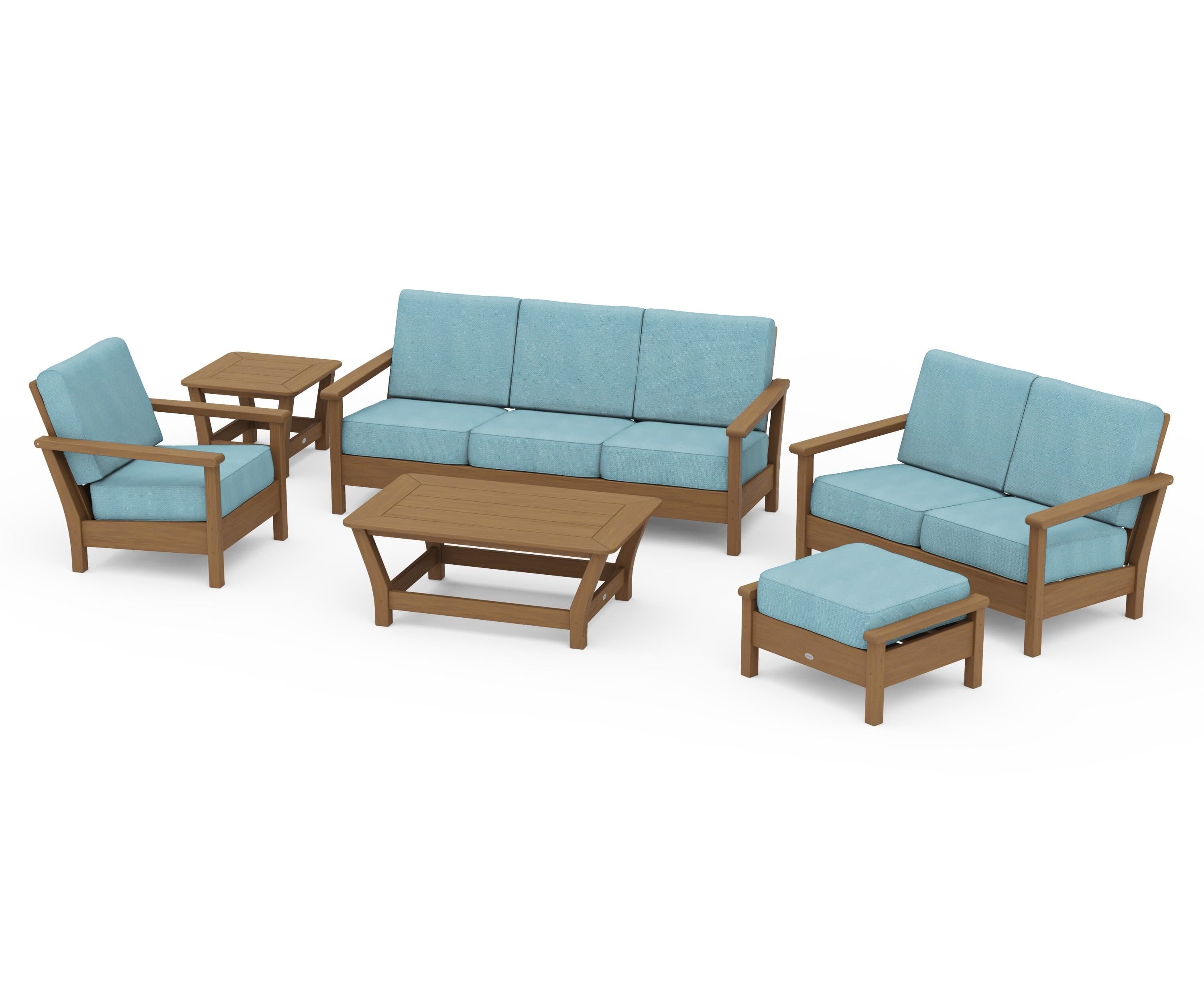 POLYWOOD Harbour 6-Piece Outdoor Living Set in Natural / Lattice Sky Blue