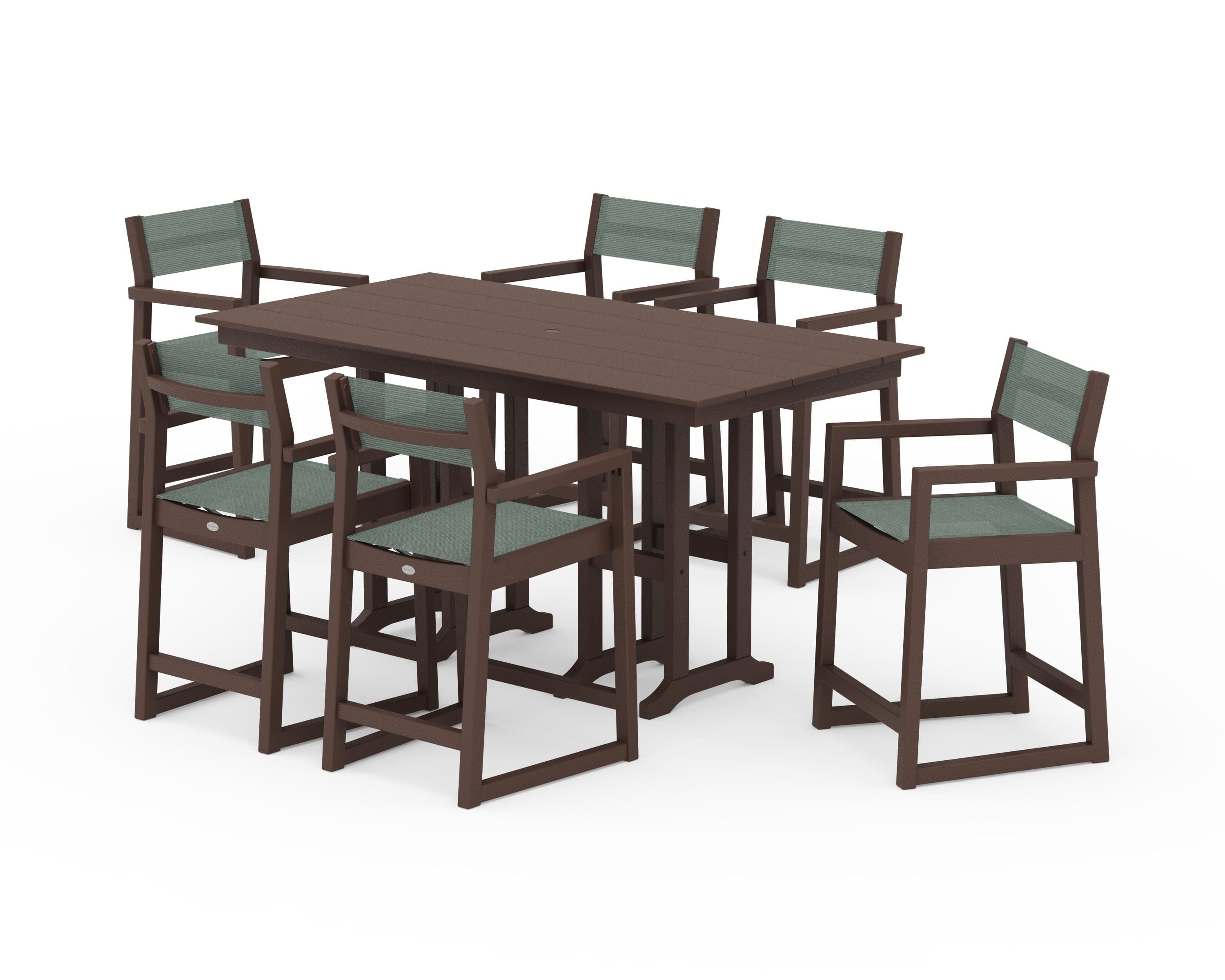 POLYWOOD EDGE Sling Arm Chair 7-Piece Farmhouse Counter Set in Mahogany / Dupioni Sea Mist Sling